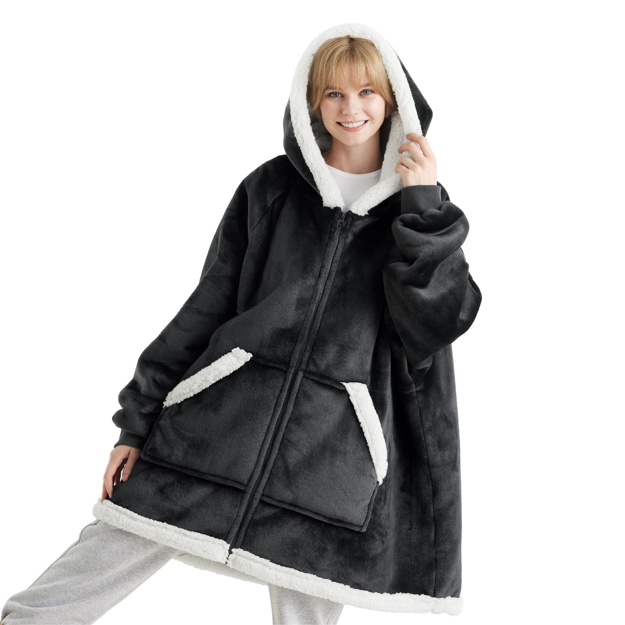 Sudadera Con Capucha Wearable Blanket Bedsure Blanket Para Mujer, Gris Y Negro - Venta Internacional.