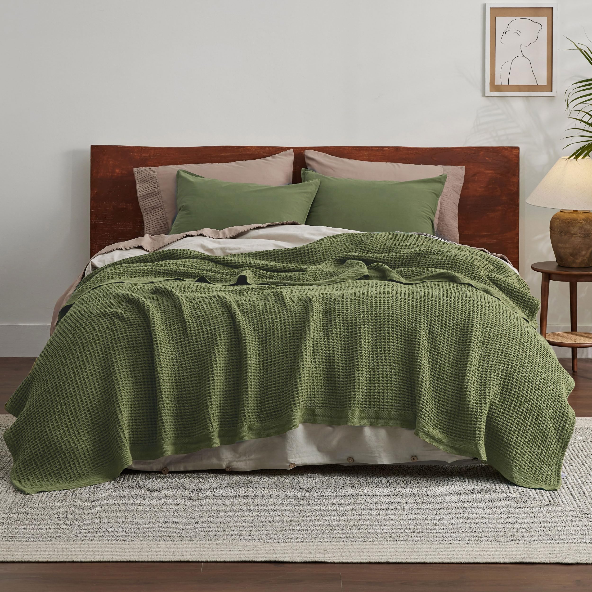Foto 4 pulgar | Manta Para Cama, 100% Algodón, Tamaño Queen, Tejido Gofrado, Color Verde Oliva - Venta Internacional.