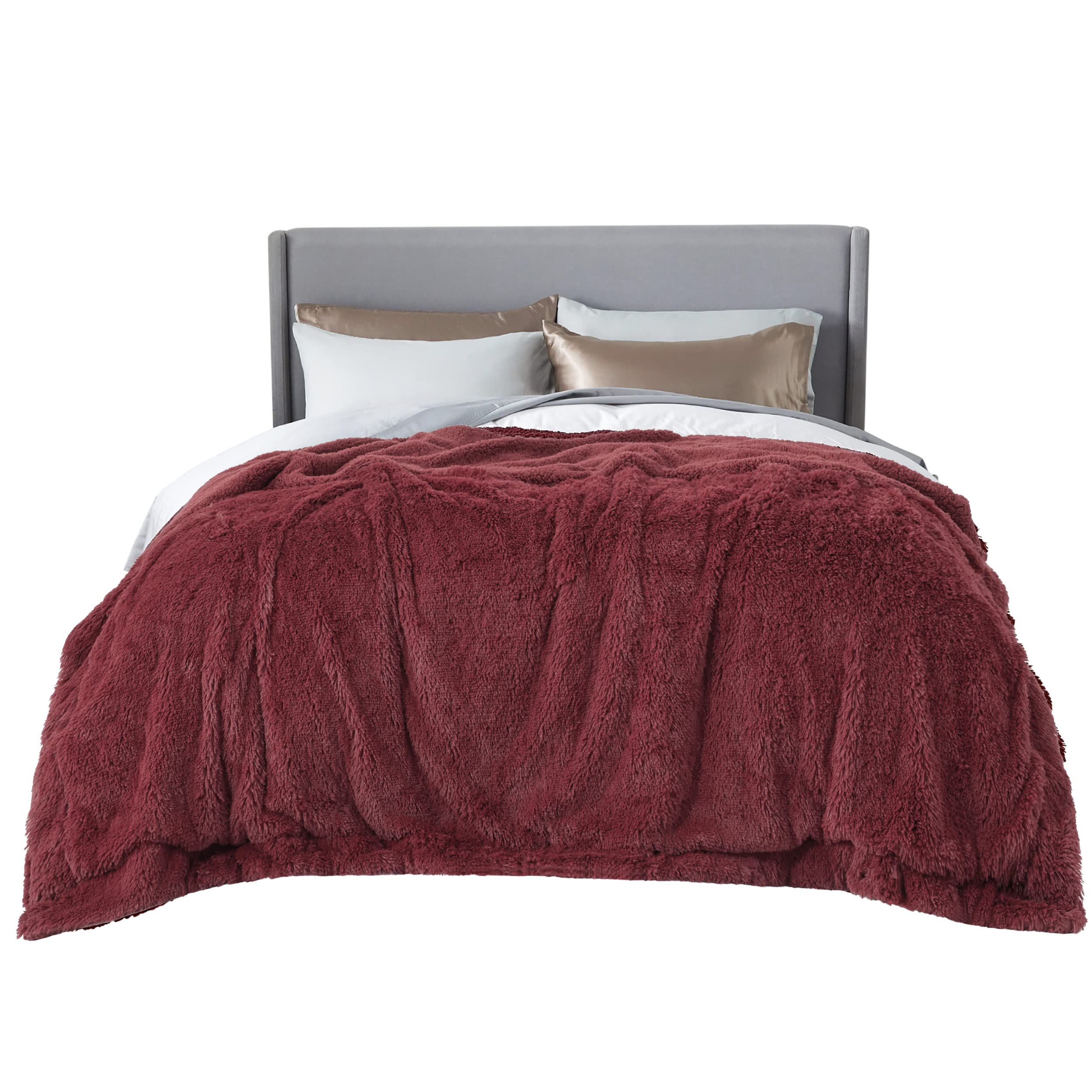 Manta Bedsure Fluffy, Color Rojo Burdeos, Tamaño King Size, Para Cama, 270 X 230 Cm - Venta Internacional.