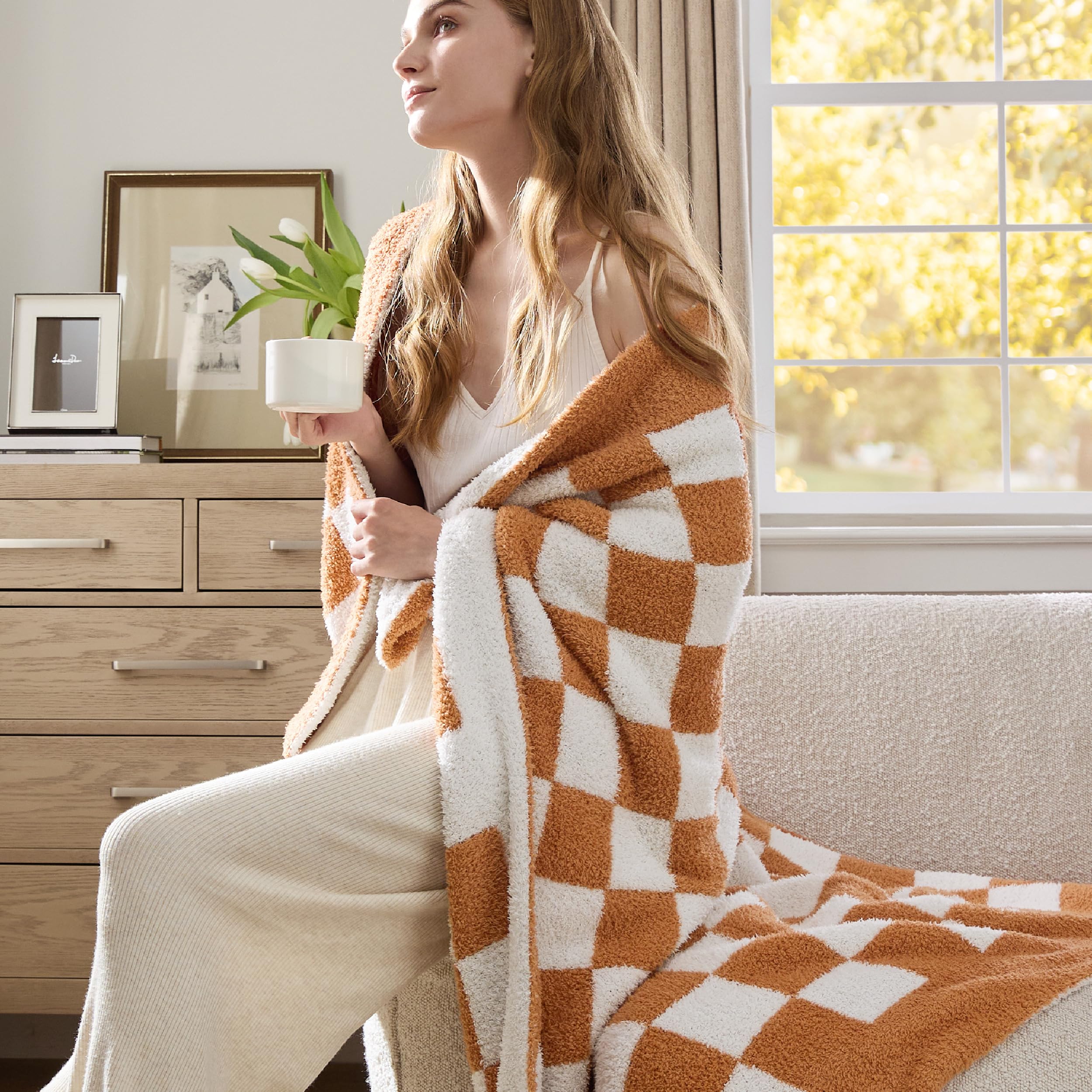 Foto 5 pulgar | Manta De Cama A Cuadros, Color Camel, 125 X 150 Cm, Supersuave - Venta Internacional.