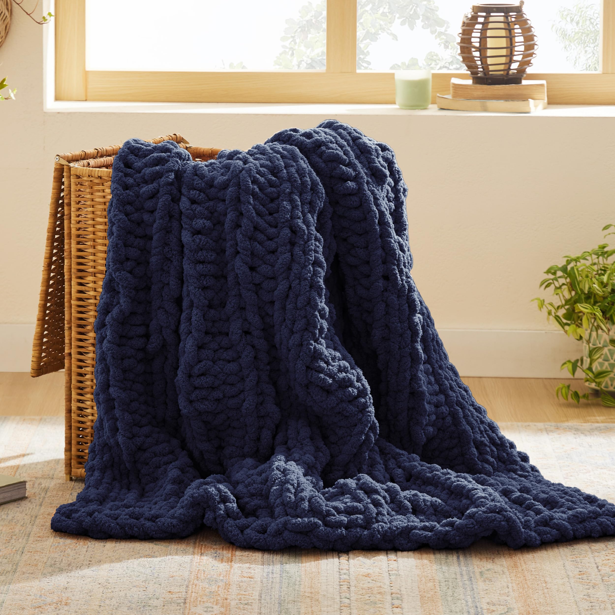 Foto 1 | Manta De Cama Gruesa De Punto Grueso, 100% Tejida A Mano, Azul Marino - Venta Internacional.