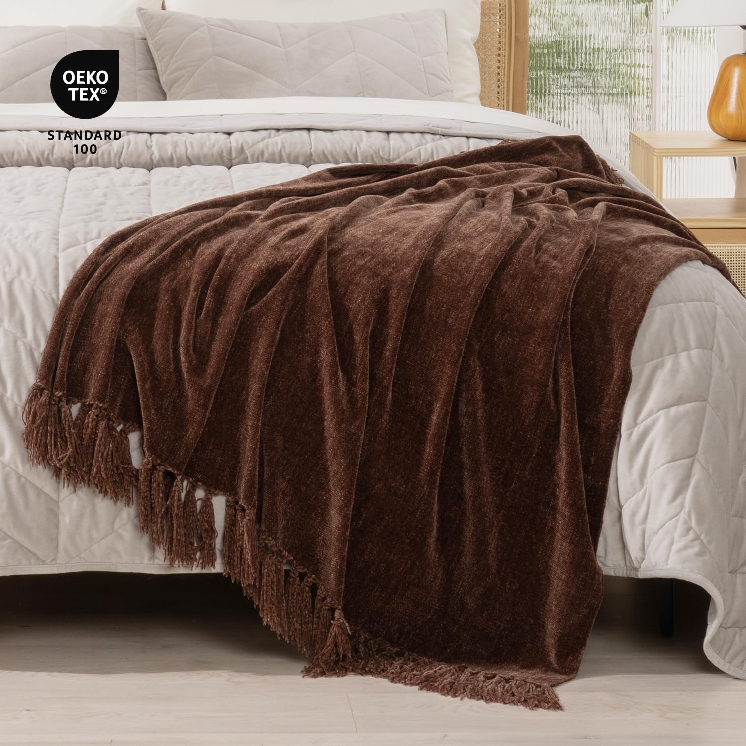 Foto 5 | Manta Recyco De Felpilla Suave Y Acogedora Con Flecos, Color Marrón - Venta Internacional.