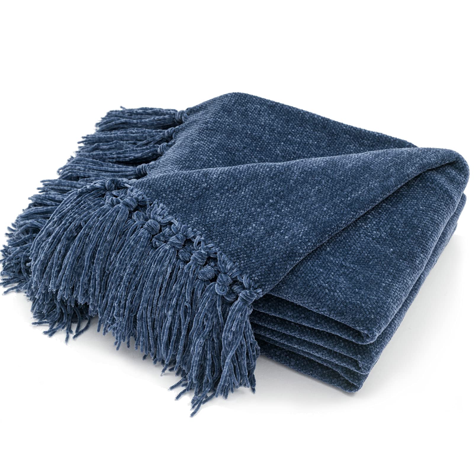 Manta Recyco De Felpilla Suave Y Acogedora Con Flecos Y Borlas, Azul - Venta Internacional.