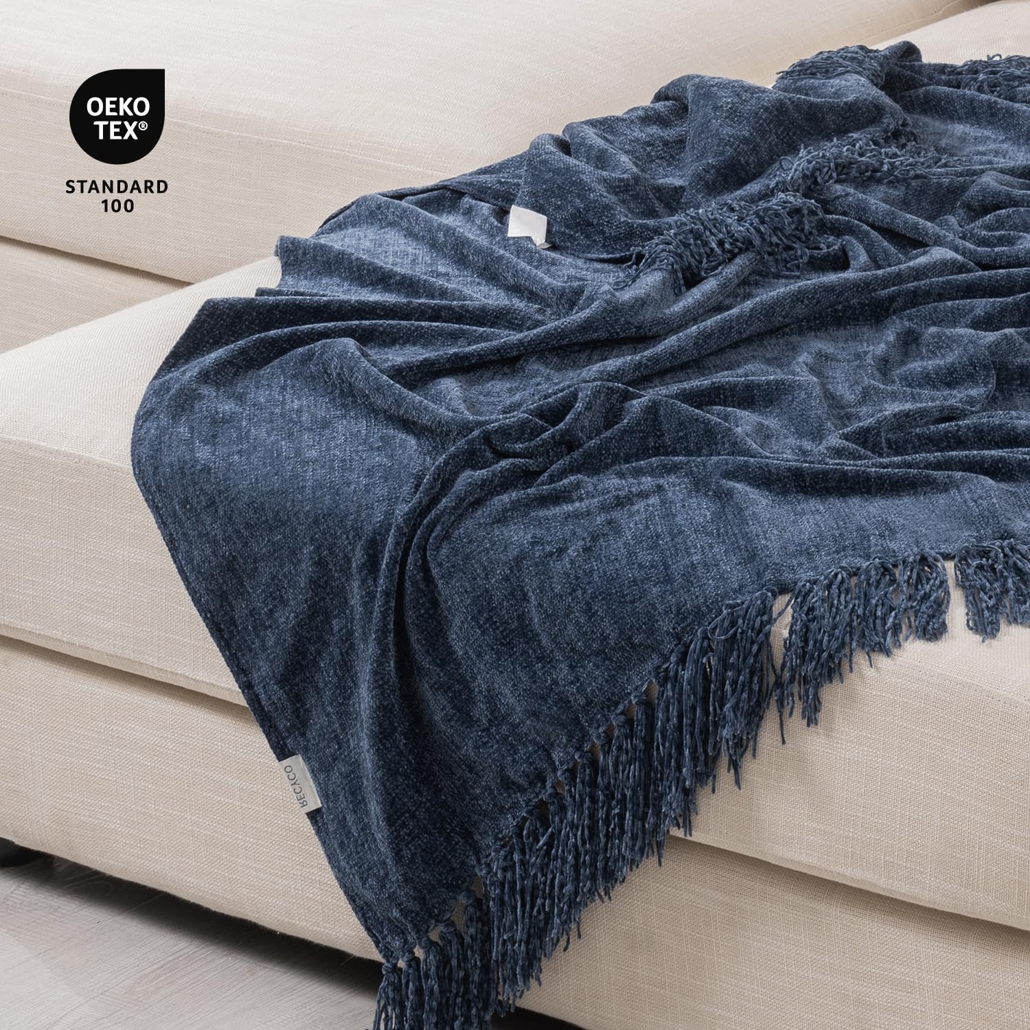 Foto 5 | Manta Recyco De Felpilla Suave Y Acogedora Con Flecos Y Borlas, Azul - Venta Internacional.