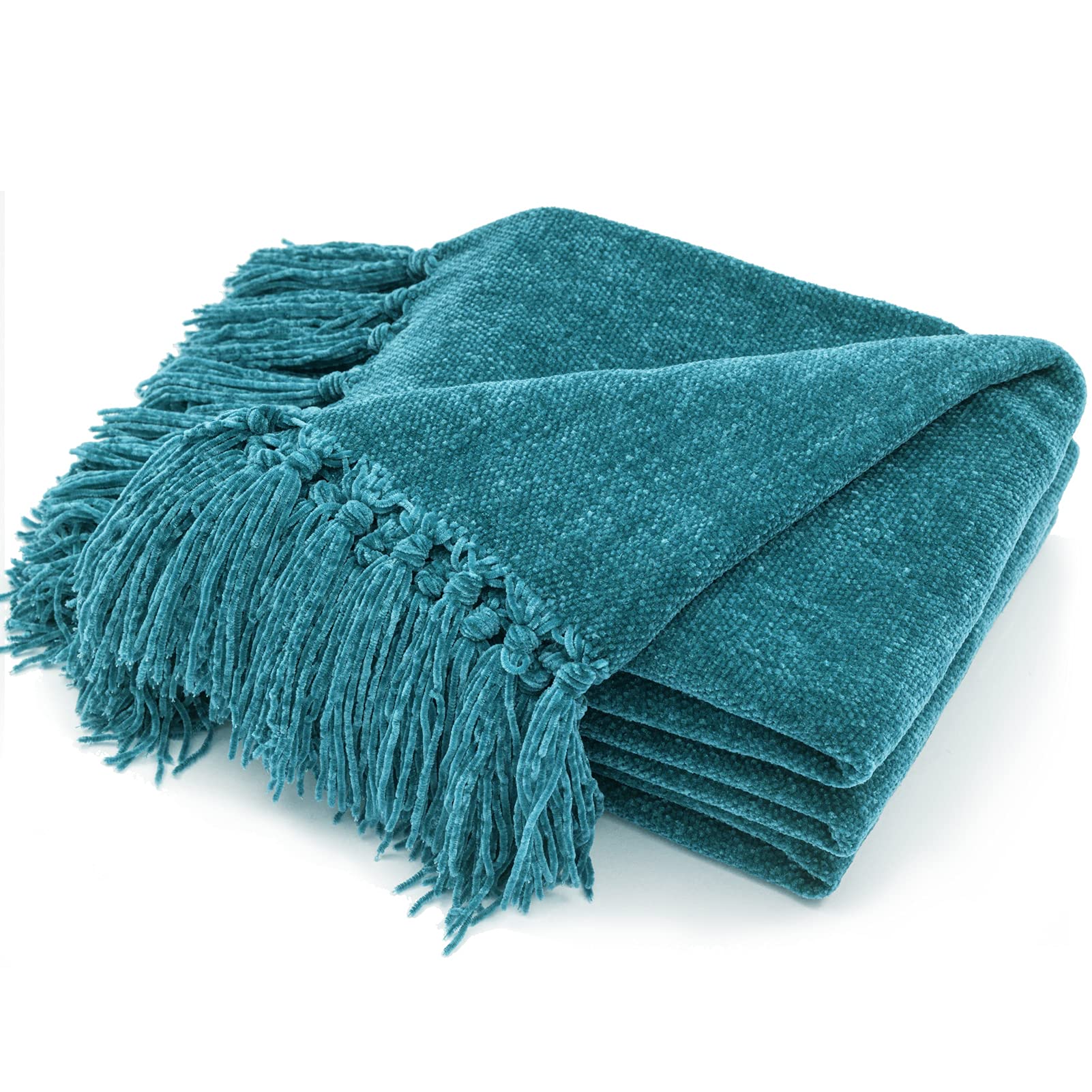 Manta Recyco De Felpilla Suave Y Acogedora Con Flecos Y Borlas, Color Verde Azulado - Venta Internacional.