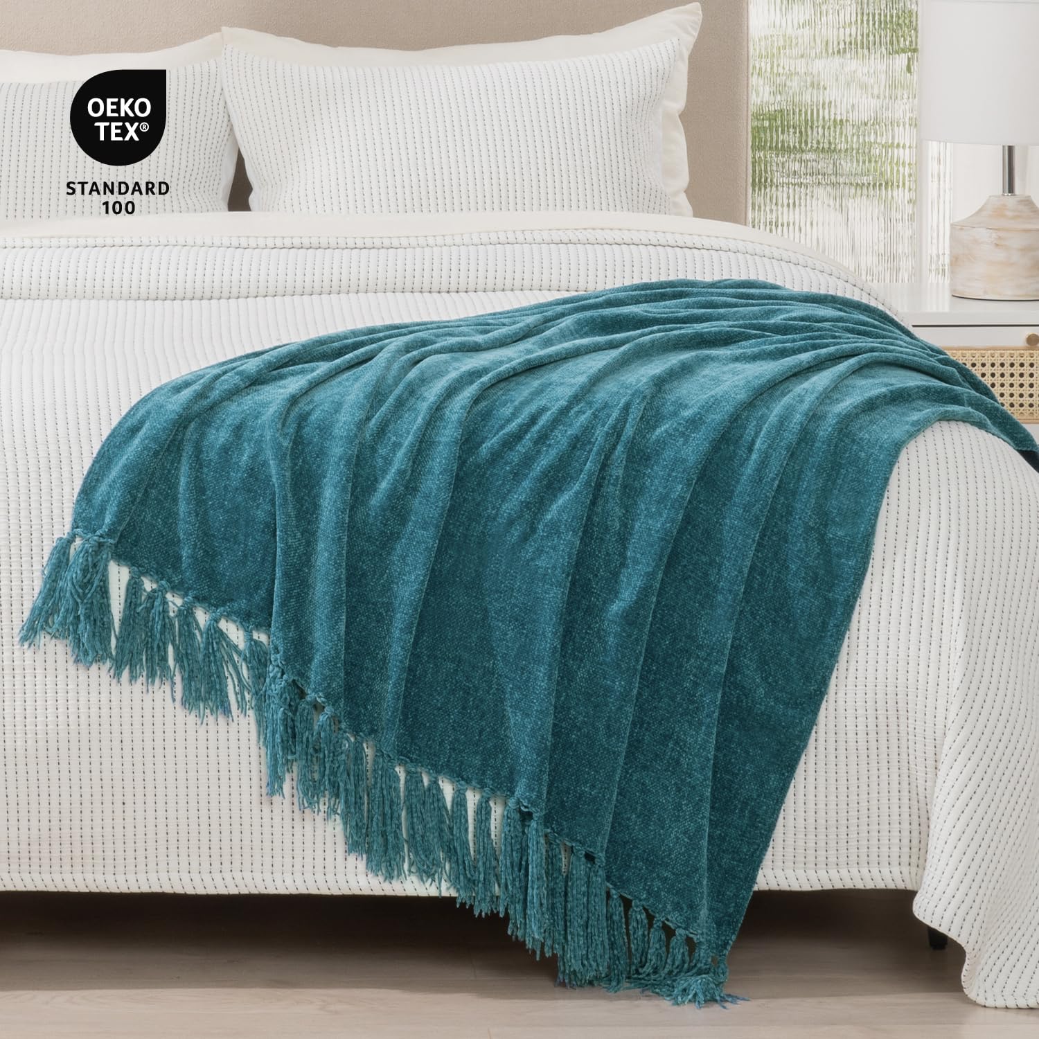 Foto 5 | Manta Recyco De Felpilla Suave Y Acogedora Con Flecos Y Borlas, Color Verde Azulado - Venta Internacional.