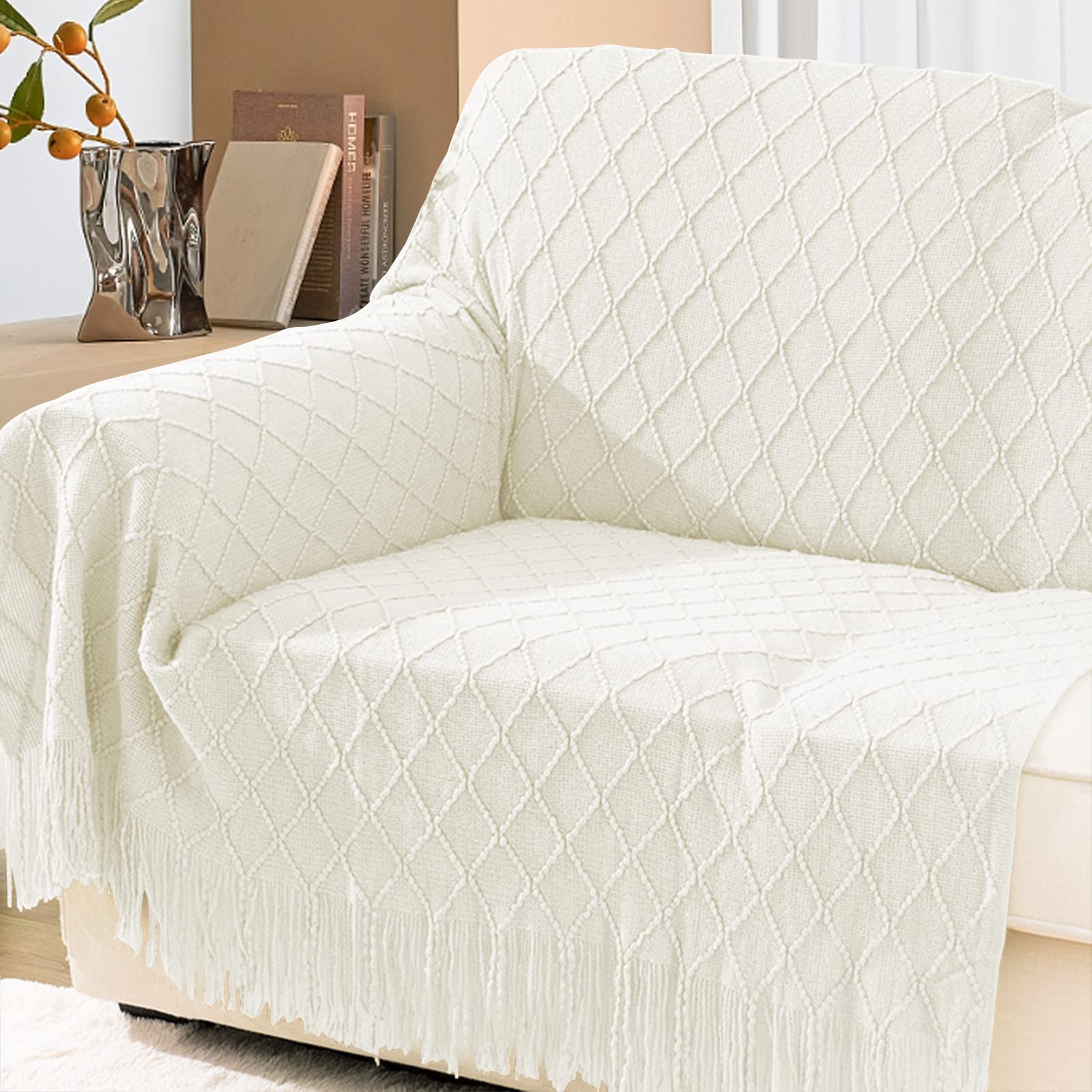 Foto 7 | Manta Tejida A Mano Para Sofá Y Cama, Color Blanquecino - Venta Internacional.
