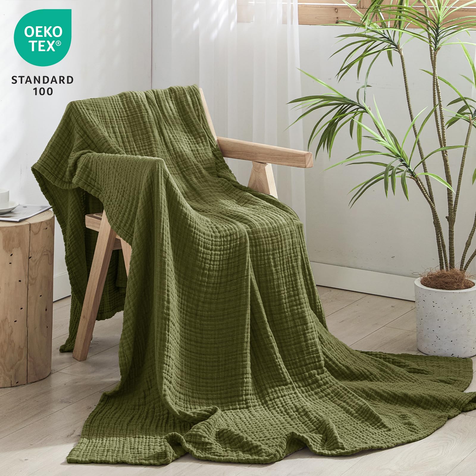 Foto 4 | Manta Phf De Muselina 100% Algodón De 4 Capas, Color Verde Oliva - Venta Internacional.