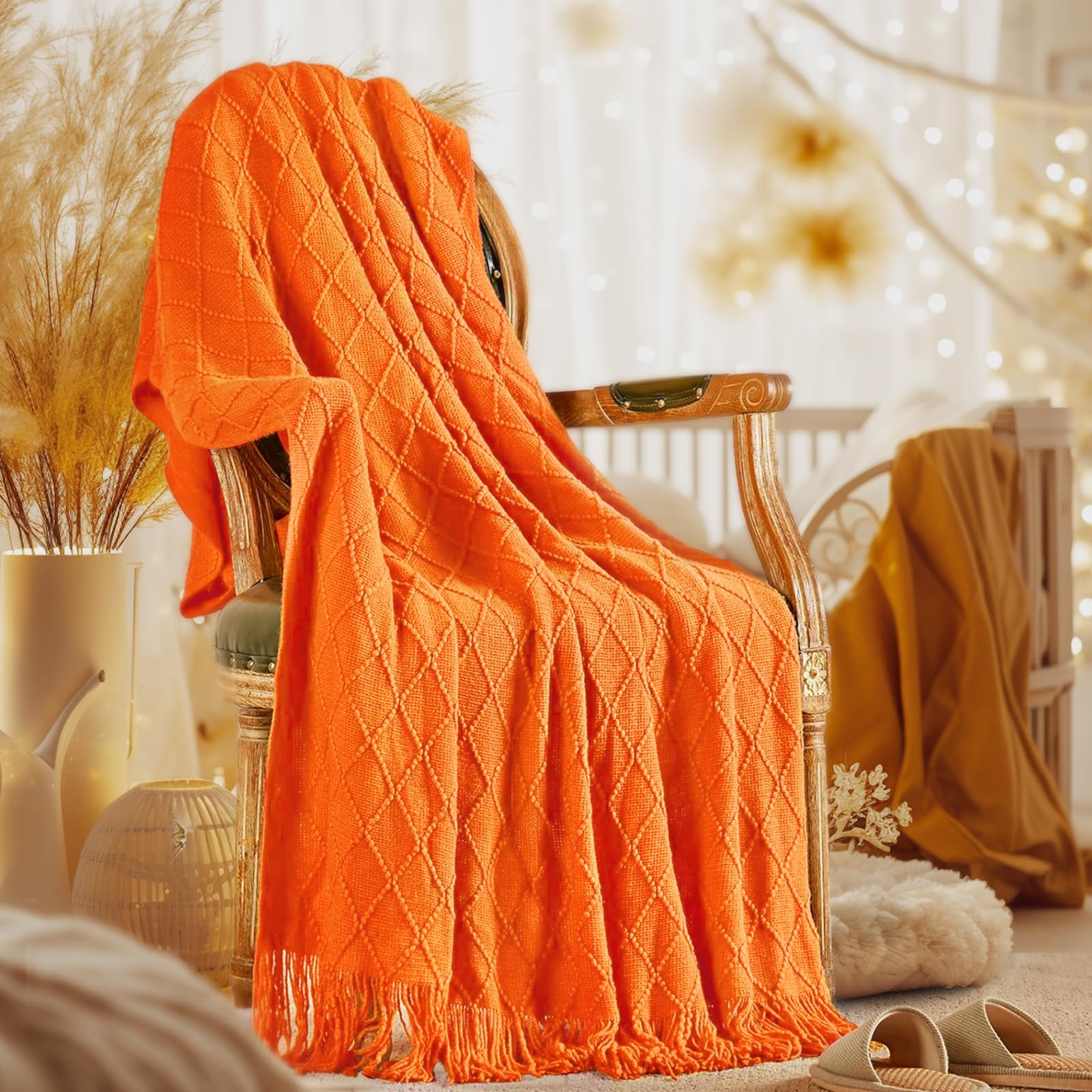 Manta En La Mano, Tejida En Naranja Quemado Otoñal, Talla Doble - Venta Internacional.