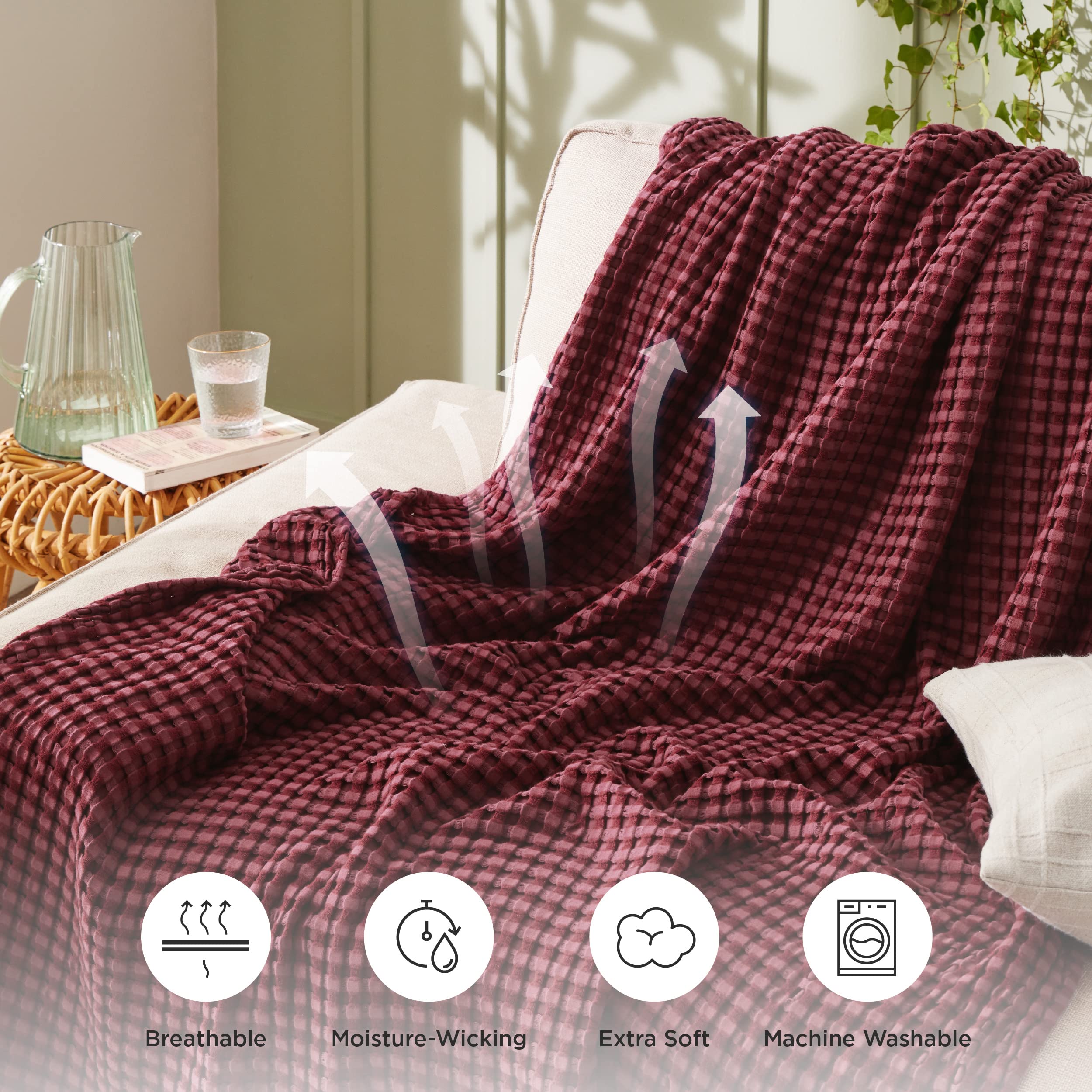 Foto 6 | Manta Bedsure Cooling De Algodón Con Forma De Gofre, Tamaño Queen, Color Burdeos - Venta Internacional.