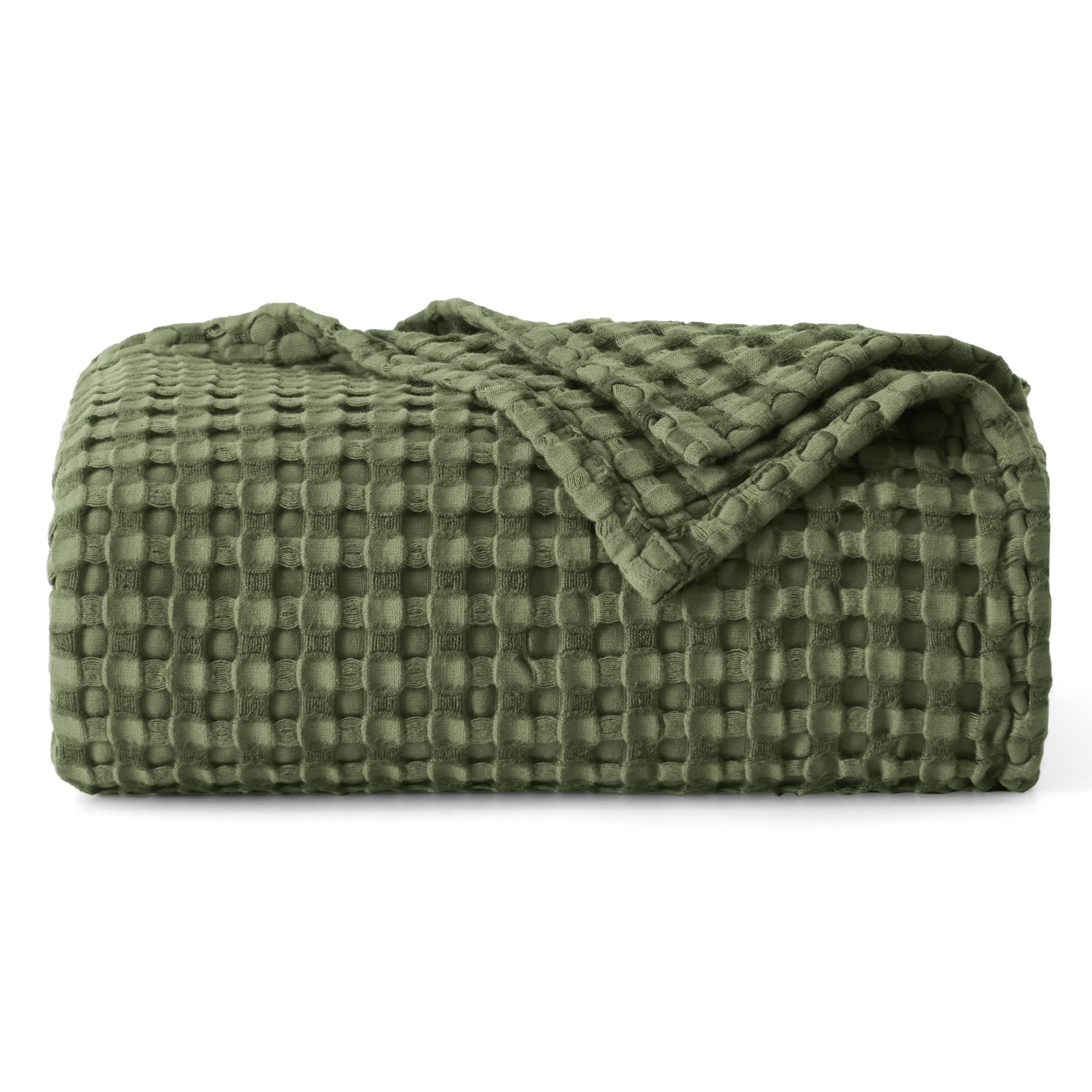 Manta De Cama Refrescante De Algodón Con Tejido De Gofres, Color Verde - Venta Internacional.