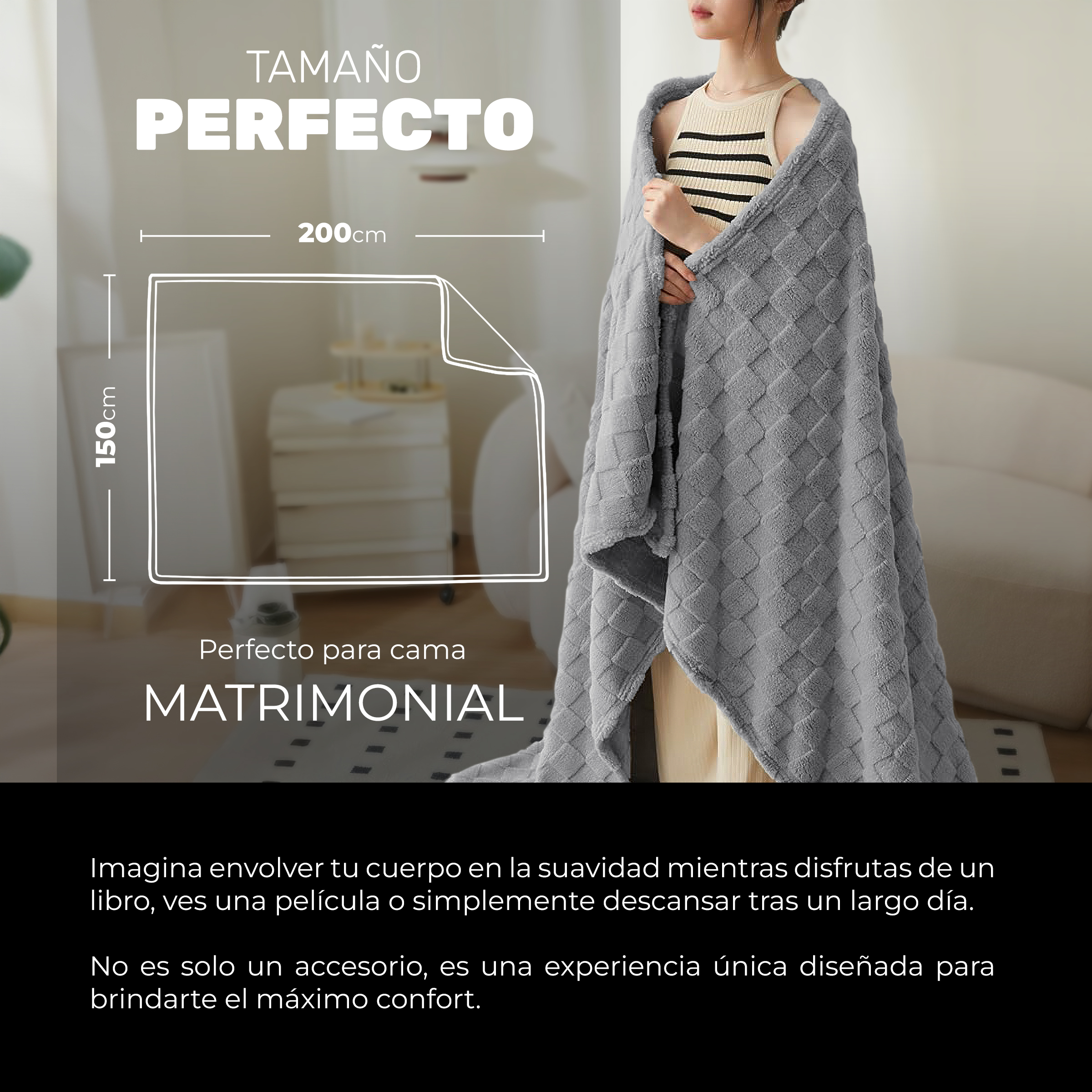Foto 5 pulgar | Cobertor Cobija Squares Yellow Mellow Matrimonial Suave con Relieve Ligera Tamaño 200x150cm Gris