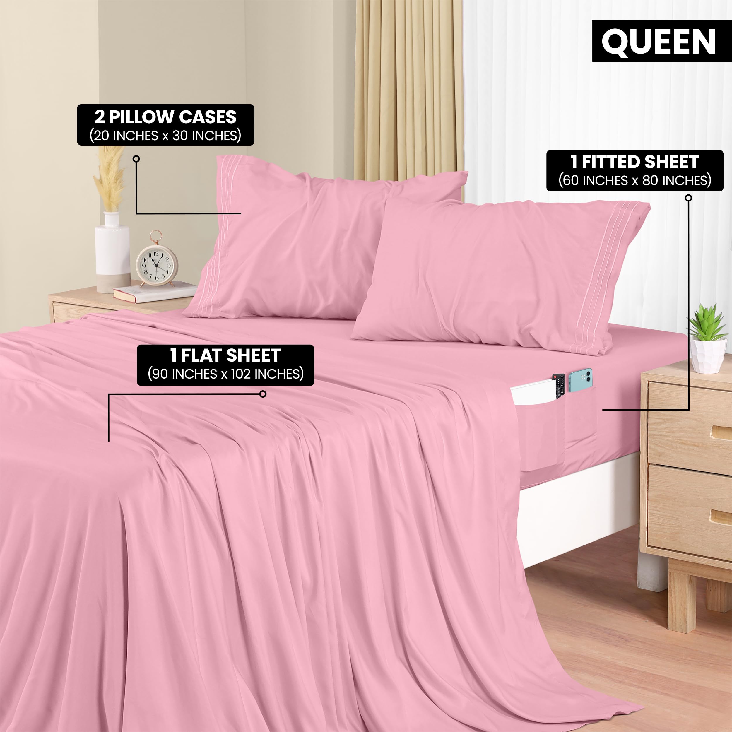 Foto 3 pulgar | Juego De Sábanas Utopia Bedding Queen Soft De Microfibra, 4 Piezas, Color Rosa - Venta Internacional.