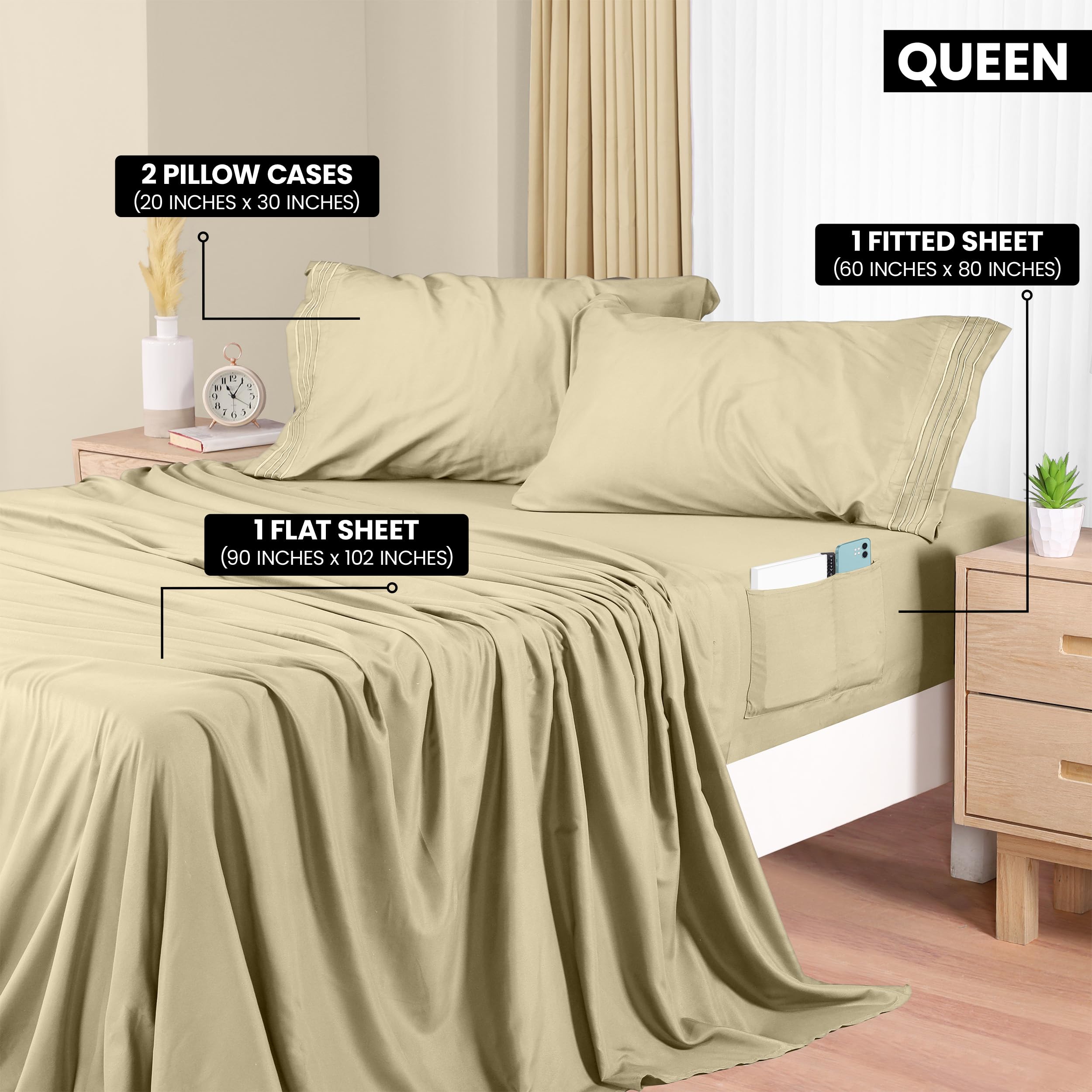 Foto 3 pulgar | Juego De Sábanas Utopia Bedding Queen Soft De Microfibra, 4 Piezas, Color Beige - Venta Internacional.