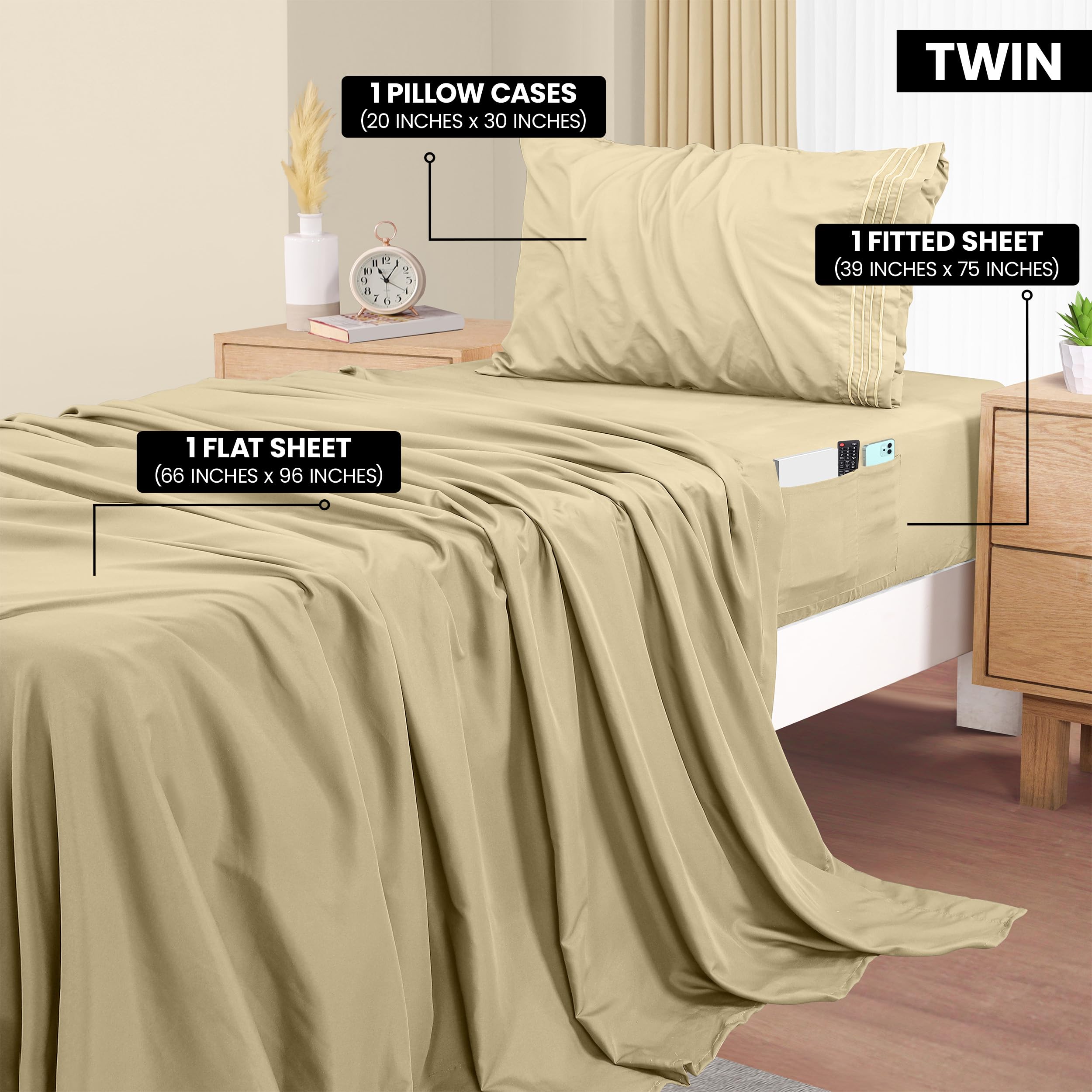 Foto 3 pulgar | Juego De Sábanas Utopia Bedding Twin, 3 Piezas, Microfibra Suave, Color Beige - Venta Internacional.