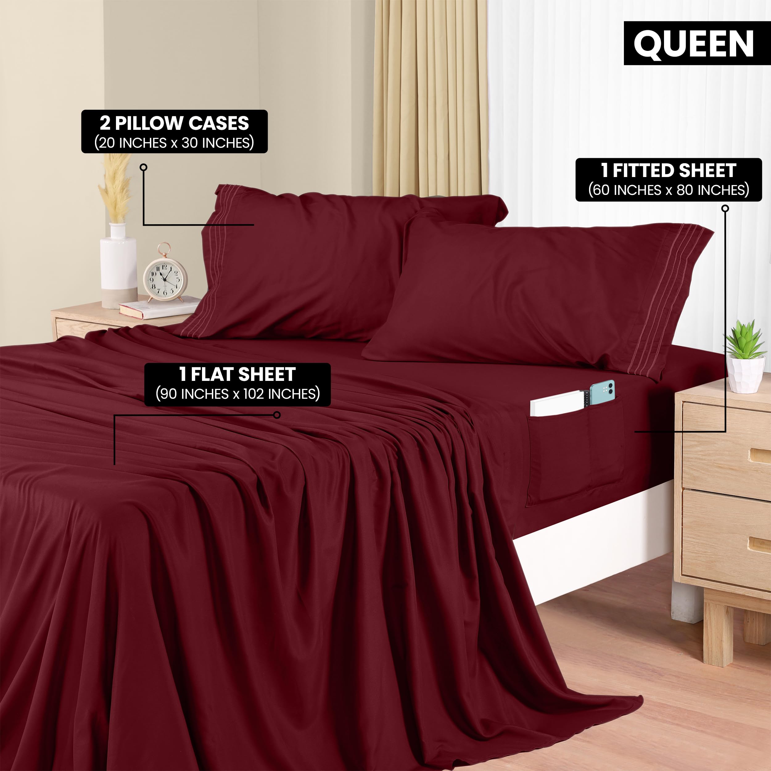 Foto 3 pulgar | Juego De Sábanas Utopia Bedding Queen De Microfibra, 4 Piezas, Color Burdeos - Venta Internacional.
