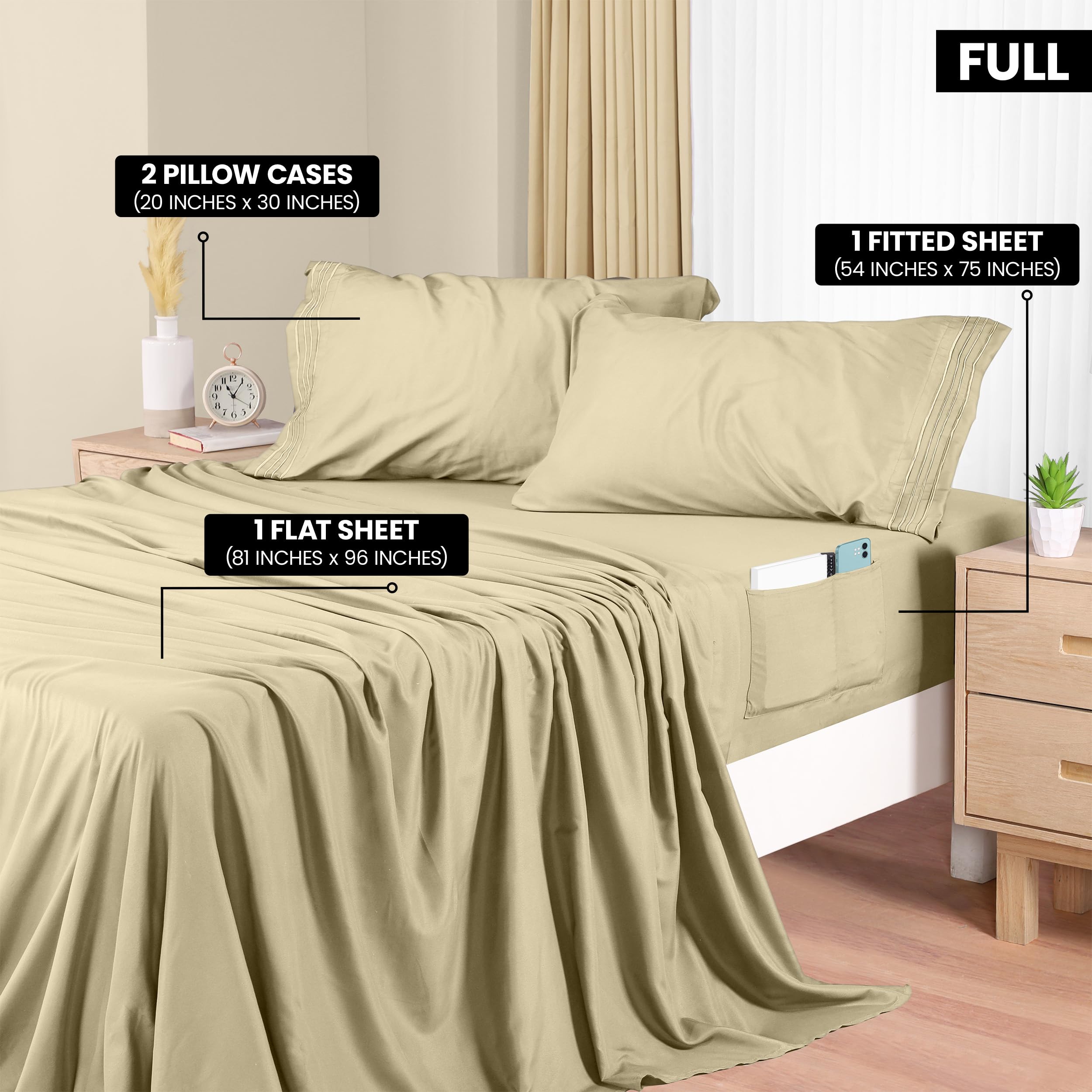 Foto 2 | Juego De Sábanas Utopia Bedding De Microfibra De Tamaño Completo, 4 Piezas, Color Beige - Venta Internacional.