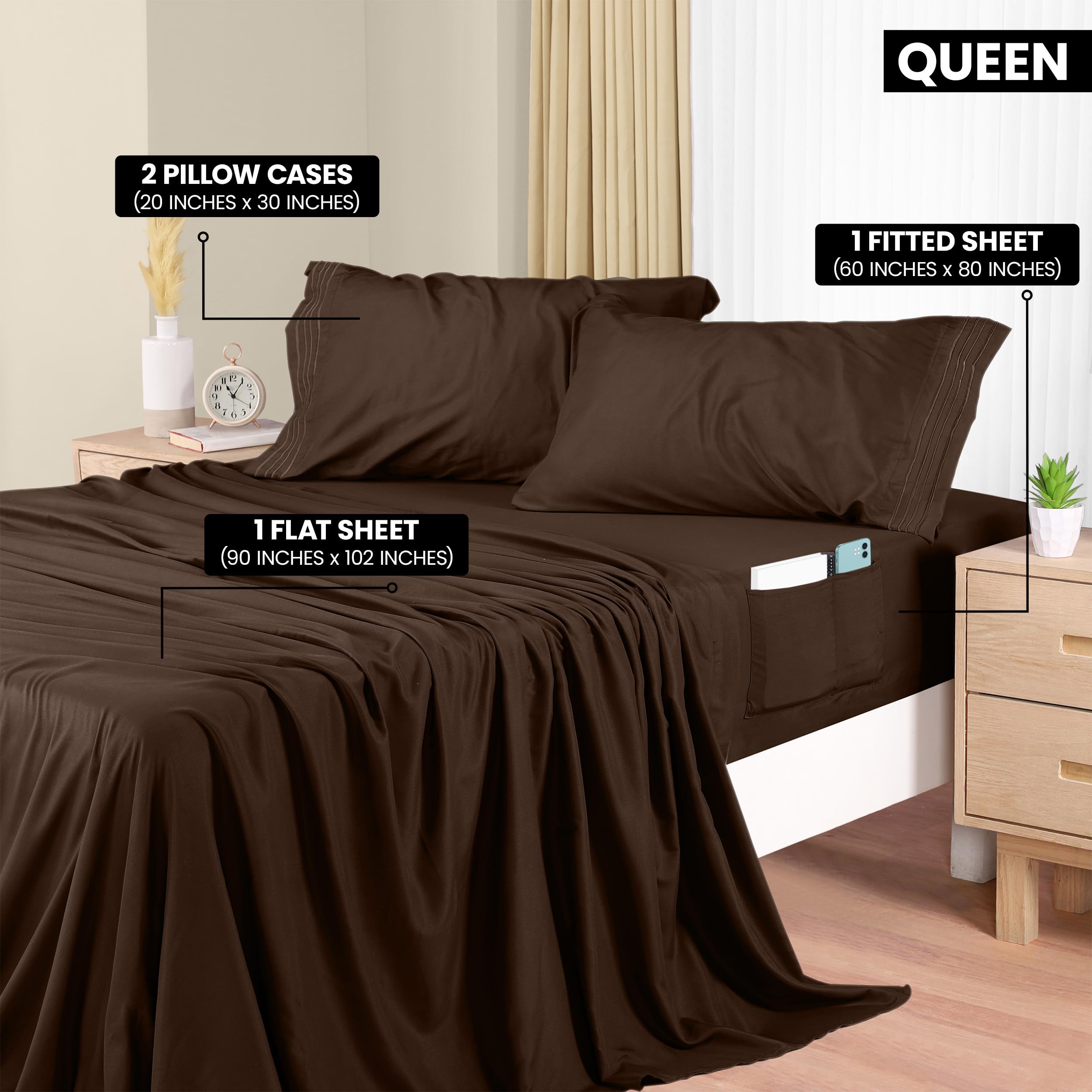 Foto 2 | Juego De Sábanas Utopia Bedding Queen, 4 Piezas, Microfibra, Color Marrón - Venta Internacional.