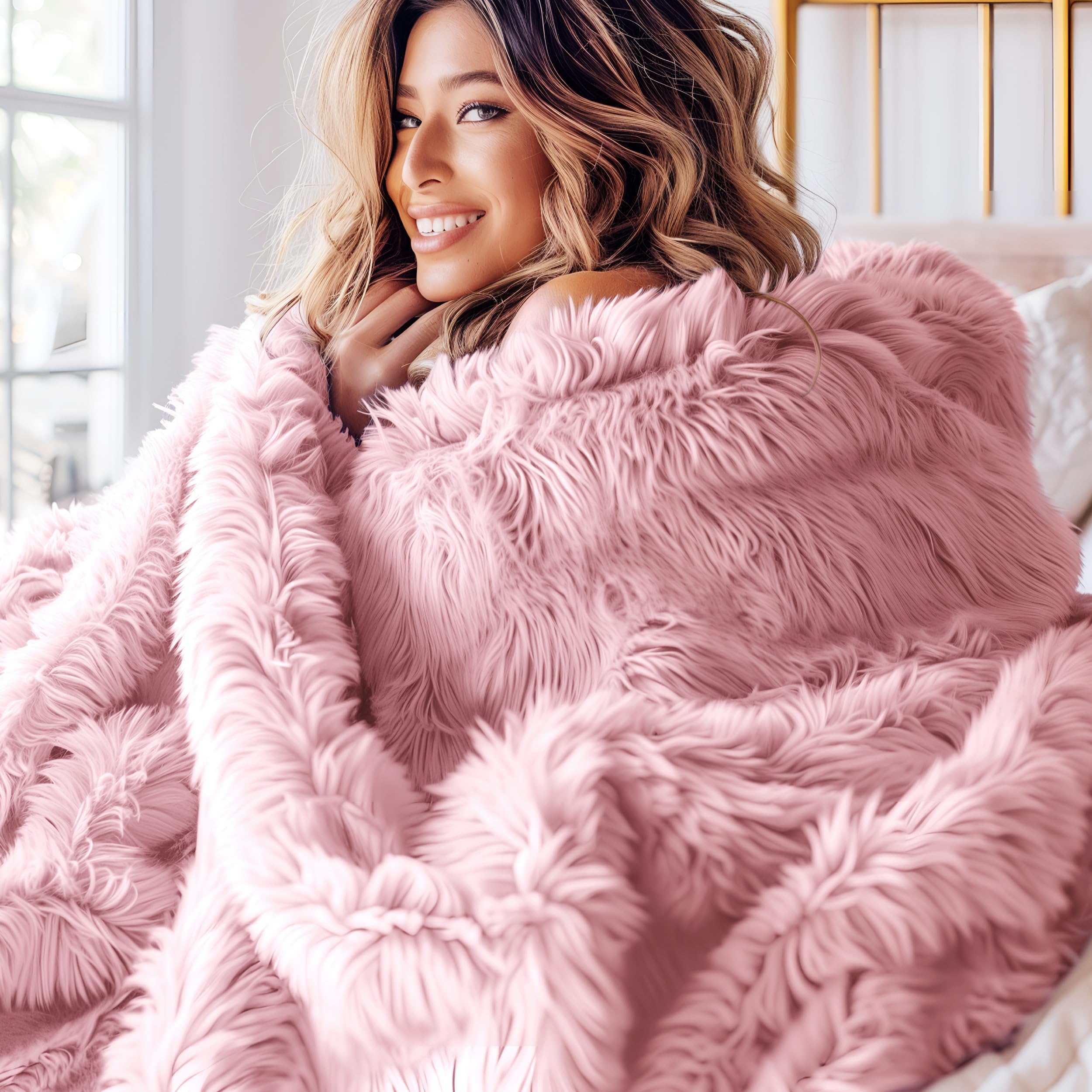 Foto 2 | Manta De Cama De Color Rosa Suave, Tamaño King Size, Esponjosa Y Peluda Para Invierno - Venta Internacional.
