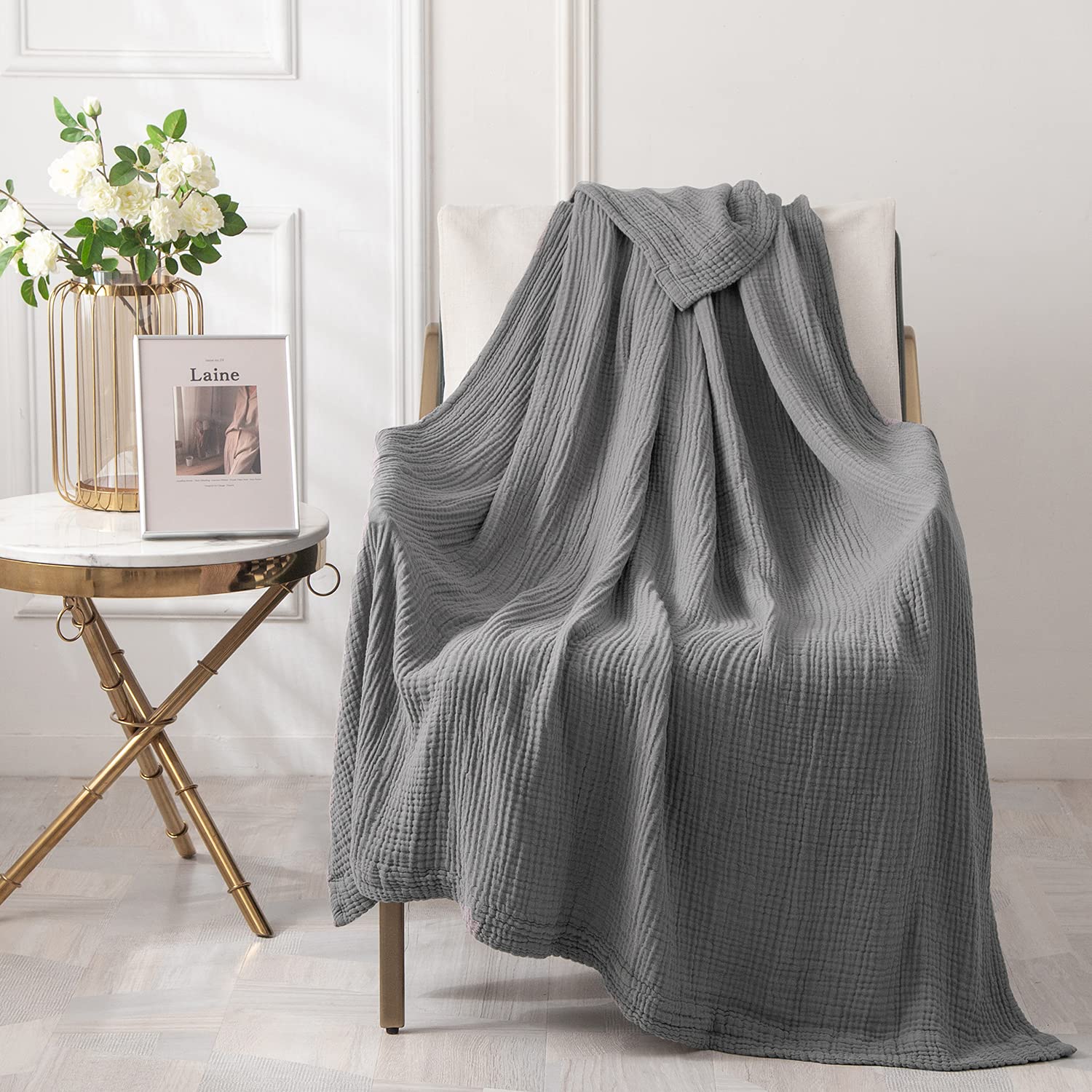 Foto 7 | Manta Emme De Muselina Gris, 100% Algodón, 150 X 200 Cm, Para Todas Las Estaciones - Venta Internacional.