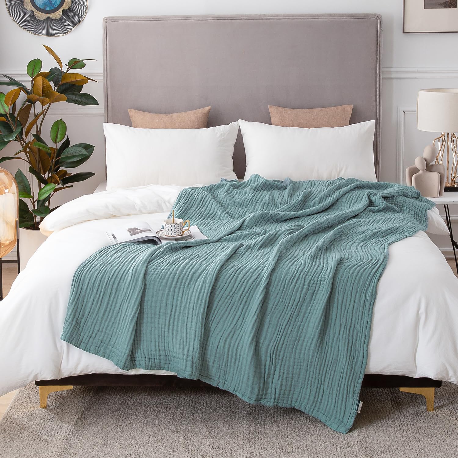 Foto 1 | Manta De Cama Emme De Algodón Tamaño Queen, 80 X 90 Cm, Color Verde Azulado Ligero - Venta Internacional.