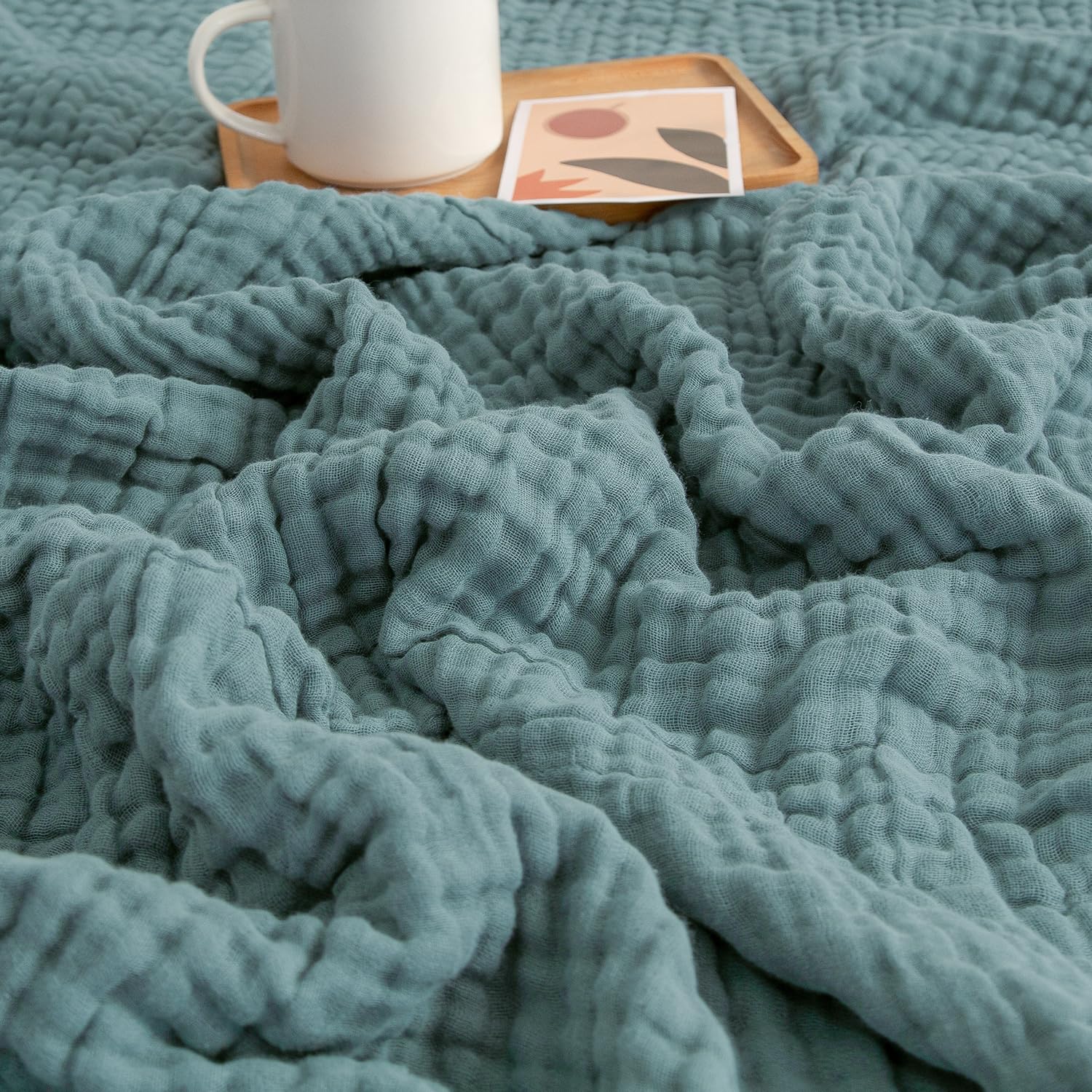 Foto 2 | Manta De Cama Emme De Algodón Tamaño Queen, 80 X 90 Cm, Color Verde Azulado Ligero - Venta Internacional.