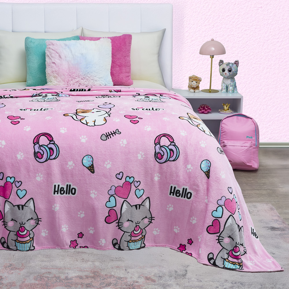 Foto 4 pulgar | Cobertor Ligero Matrimonial Elefantito Hogar Meow Color Rosa Gatitos Suave Térmica