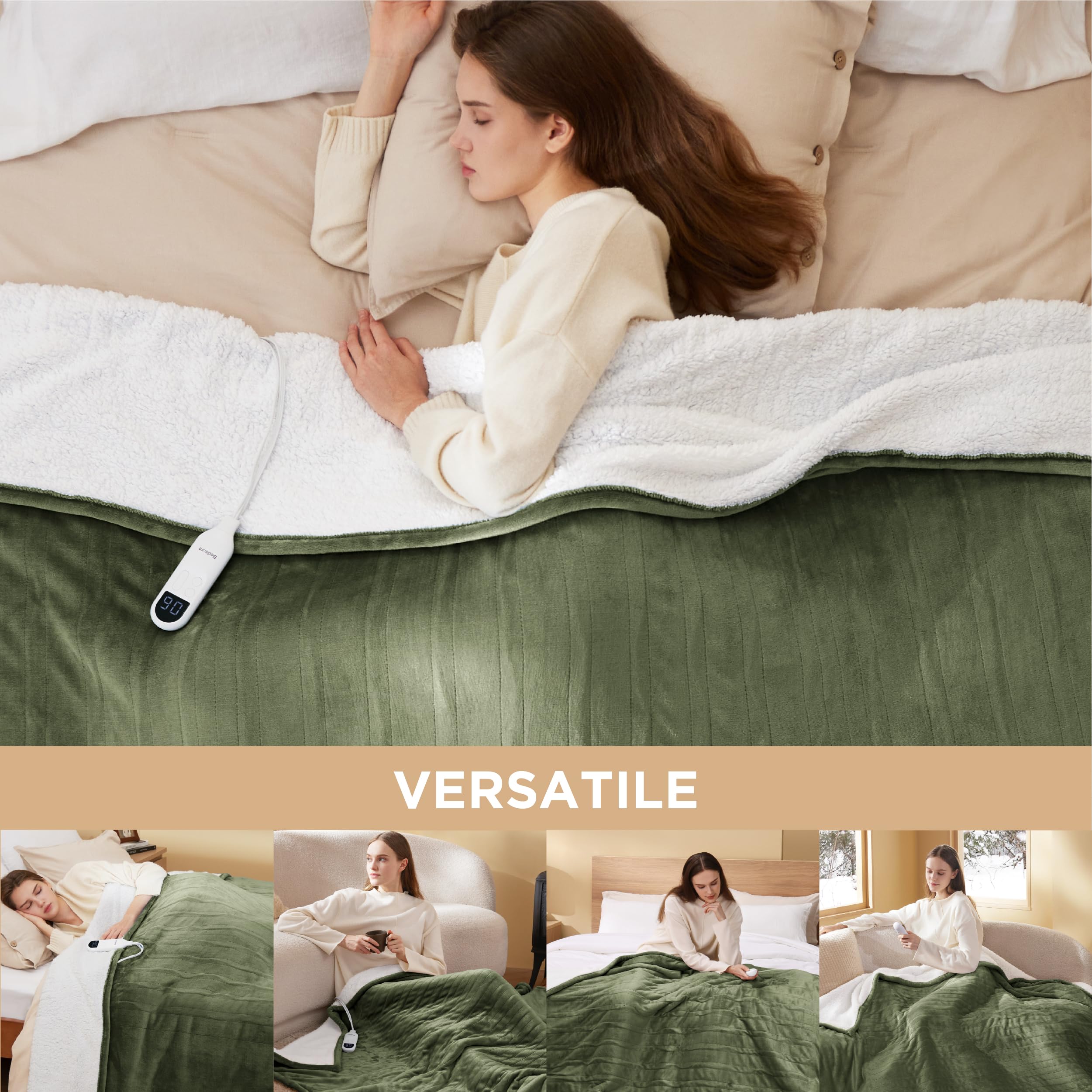 Foto 7 | Manta Eléctrica Bedsure, Tamaño Completo, Franela Calentada, Color Oliva - Venta Internacional.