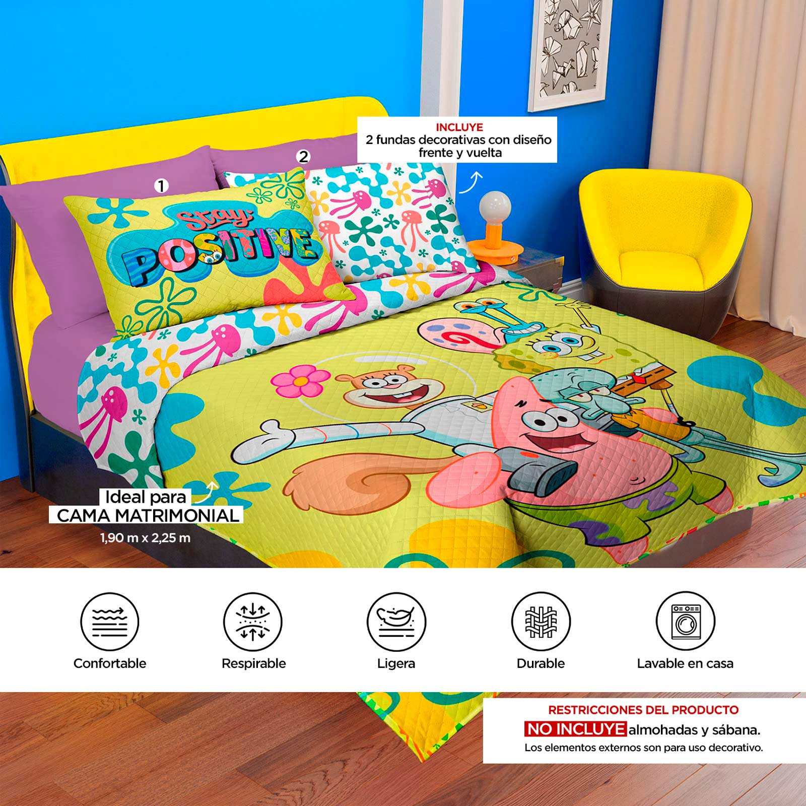 Foto 6 pulgar | Edrecolcha Matrimonial Providencia Bob Esponja Family Multicolor 3 Piezas