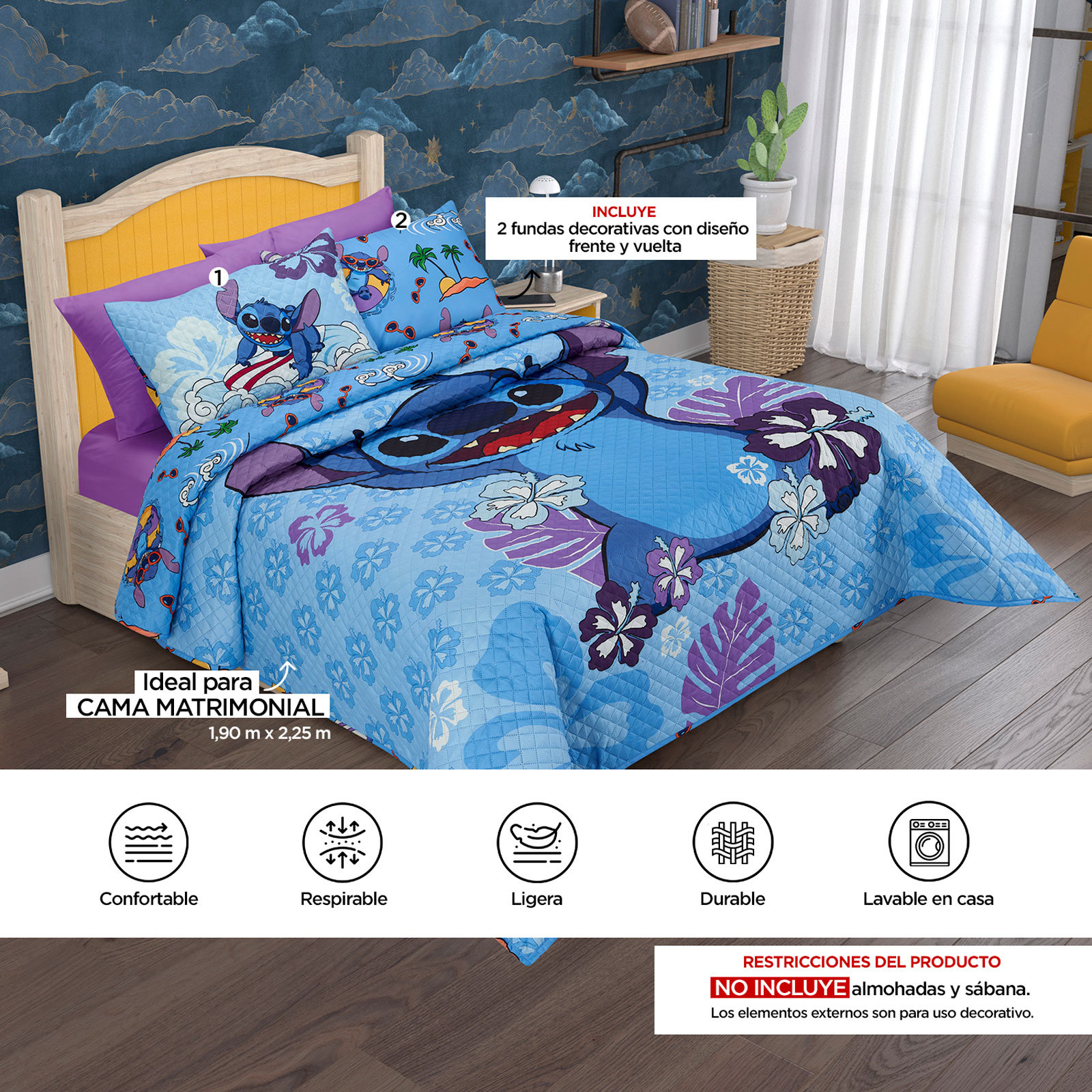Foto 7 | Edrecolcha Providencia Matrimonial Stitch Surf Azul