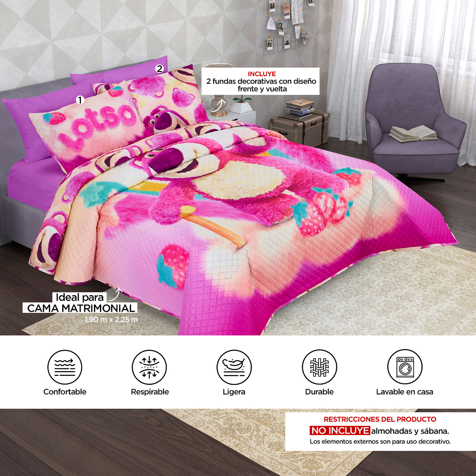 Foto 8 | Edrecolcha Matrimonial Providencia Lotso Strawberry