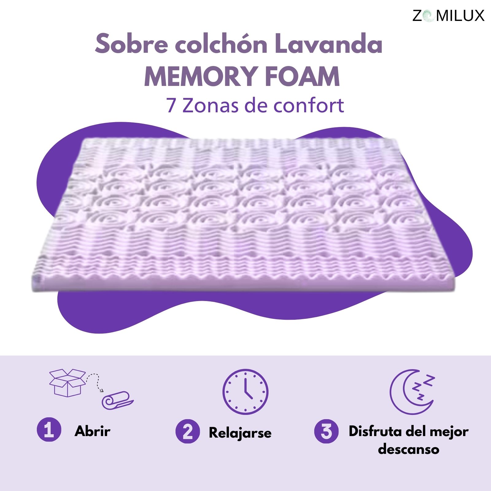 Foto 5 | Sobrecolchón Zomilux Colchoneta Memory Foam Ultra Suave Alta Calidad Con Lavanda Relajante, 7 Zonas De Confort King Siz