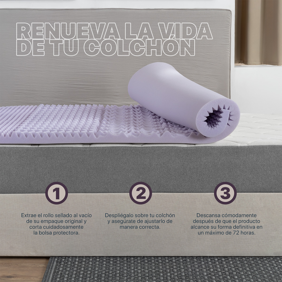 Foto 6 pulgar | Colchoneta Topper 5 Cm Memory Foam Matrimonial Lavanda  Real Textil