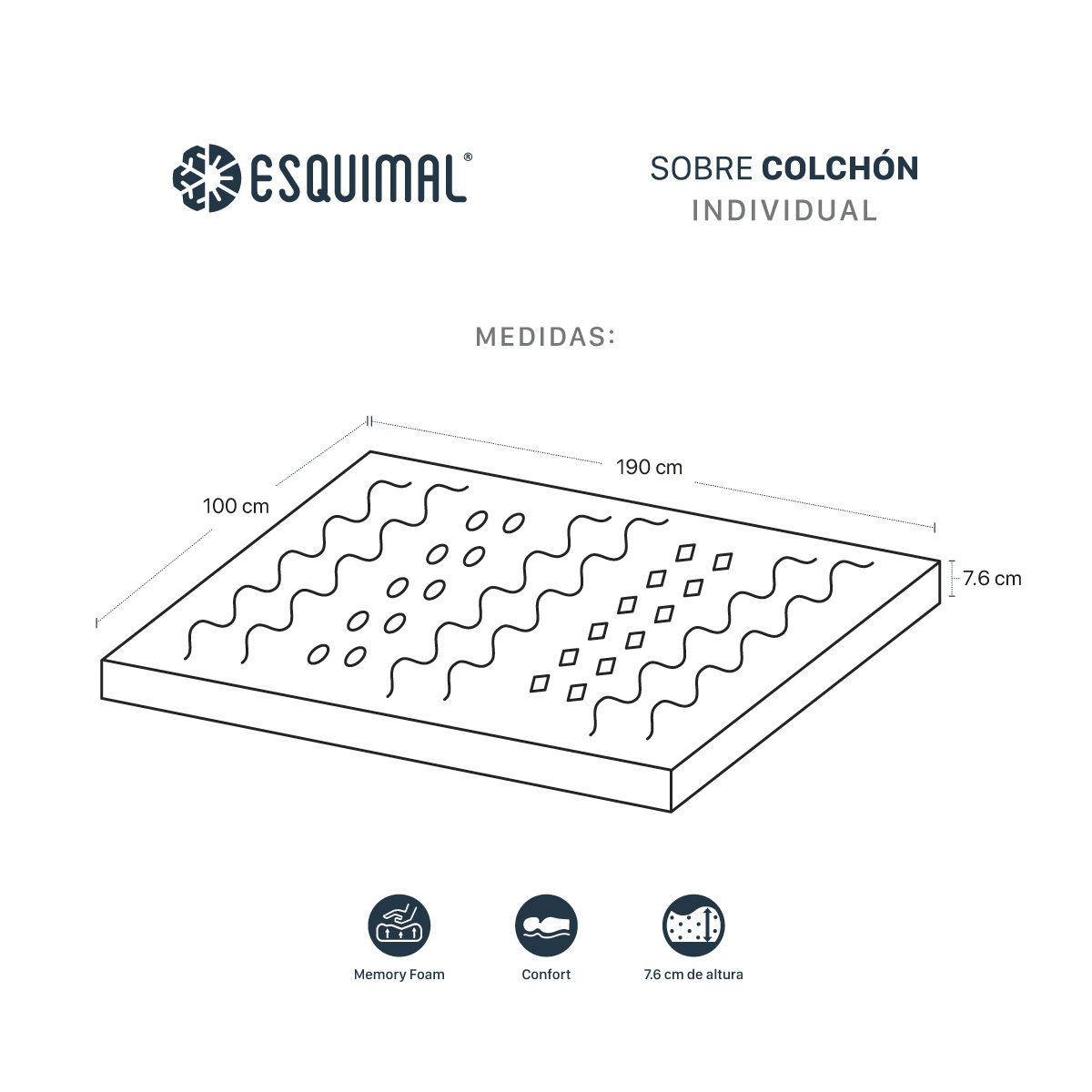 Foto 4 | Colchoneta Topper Esquimal Individual, 7 Zonas De Confort, Memory Foam 7.6 Cm Gris