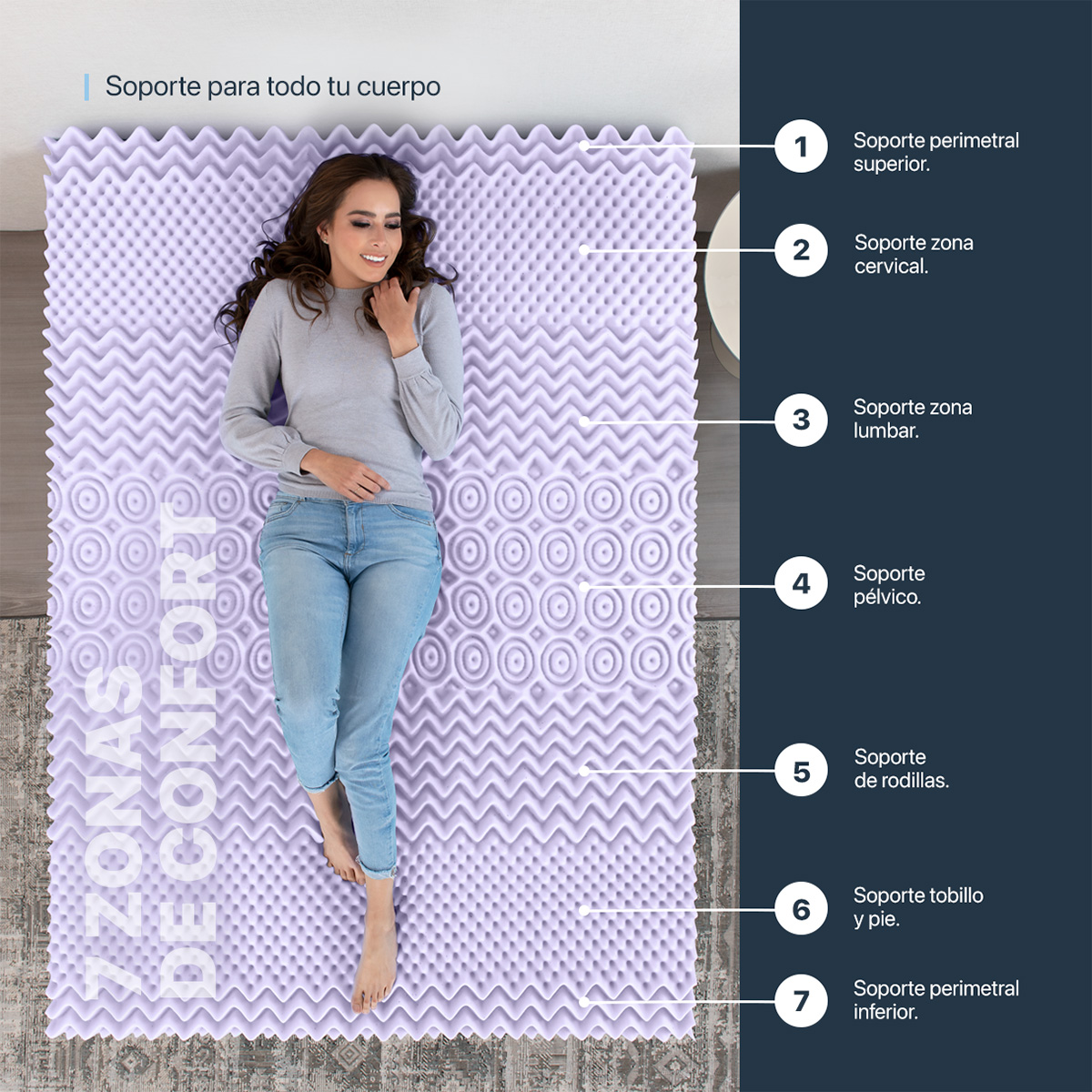 Foto 3 pulgar | Colchoneta Topper Esquimal Individual, 7 Zonas De Confort, Memory Foam 5 Cm Lavanda