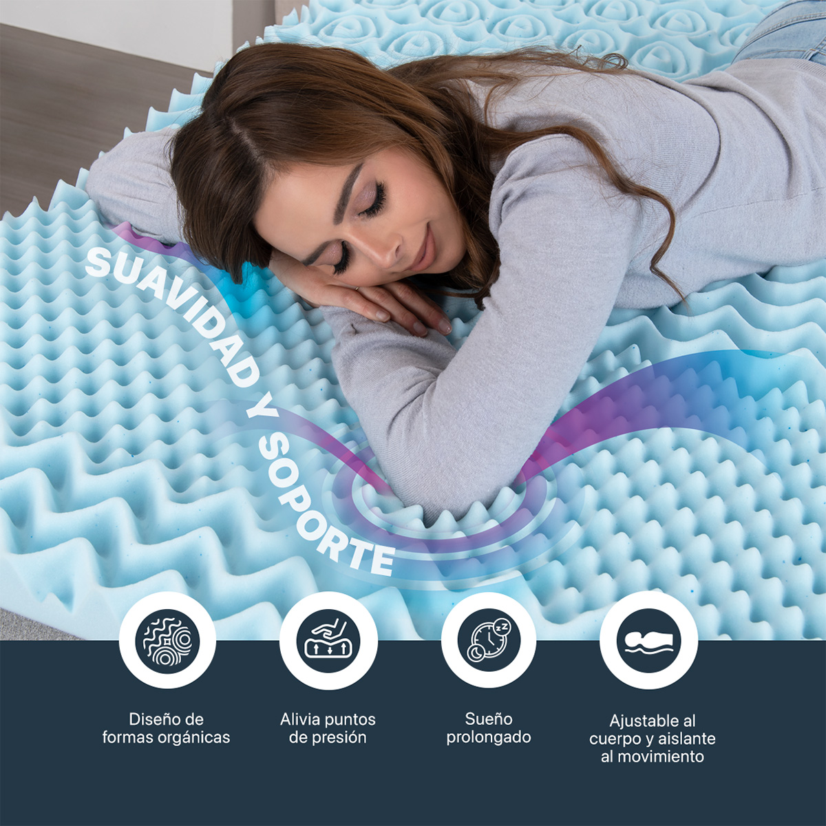 Foto 6 | Colchoneta Topper Esquimal Matrimonial, 7 Zonas De Confort, Memory Foam 5 Cm Azul