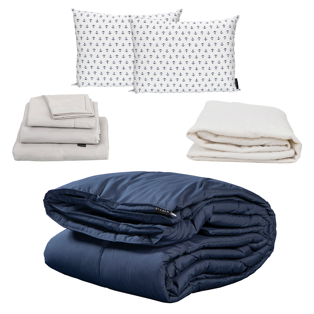 Set Edredón Dicasa Homy Color Azul King Size + Sábanas Softy Gris Perla + Protector + Almohada 2 pack