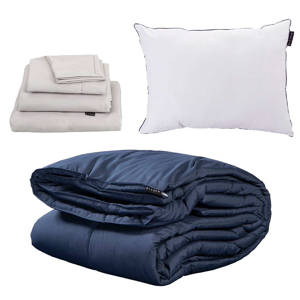 Set Edredón Dicasa Homy Color Azul Individual + Sábanas Softy Gris Perla + Almohada One