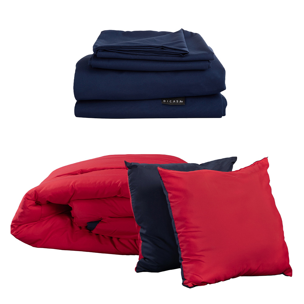 Set de Edredón Dicasa Couzy Dos Vistas Rojo y Azul Marino Queen Size + Sábanas Softy Azul
