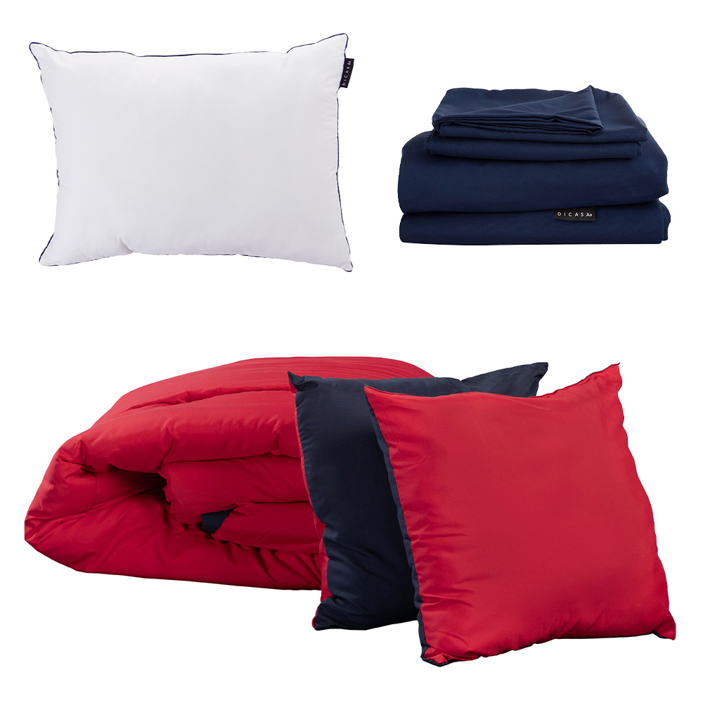 Set de Edredón Dicasa Couzy Dos Vistas Rojo y Azul Marino Individual + Sábanas Softy Azul + Almohada One