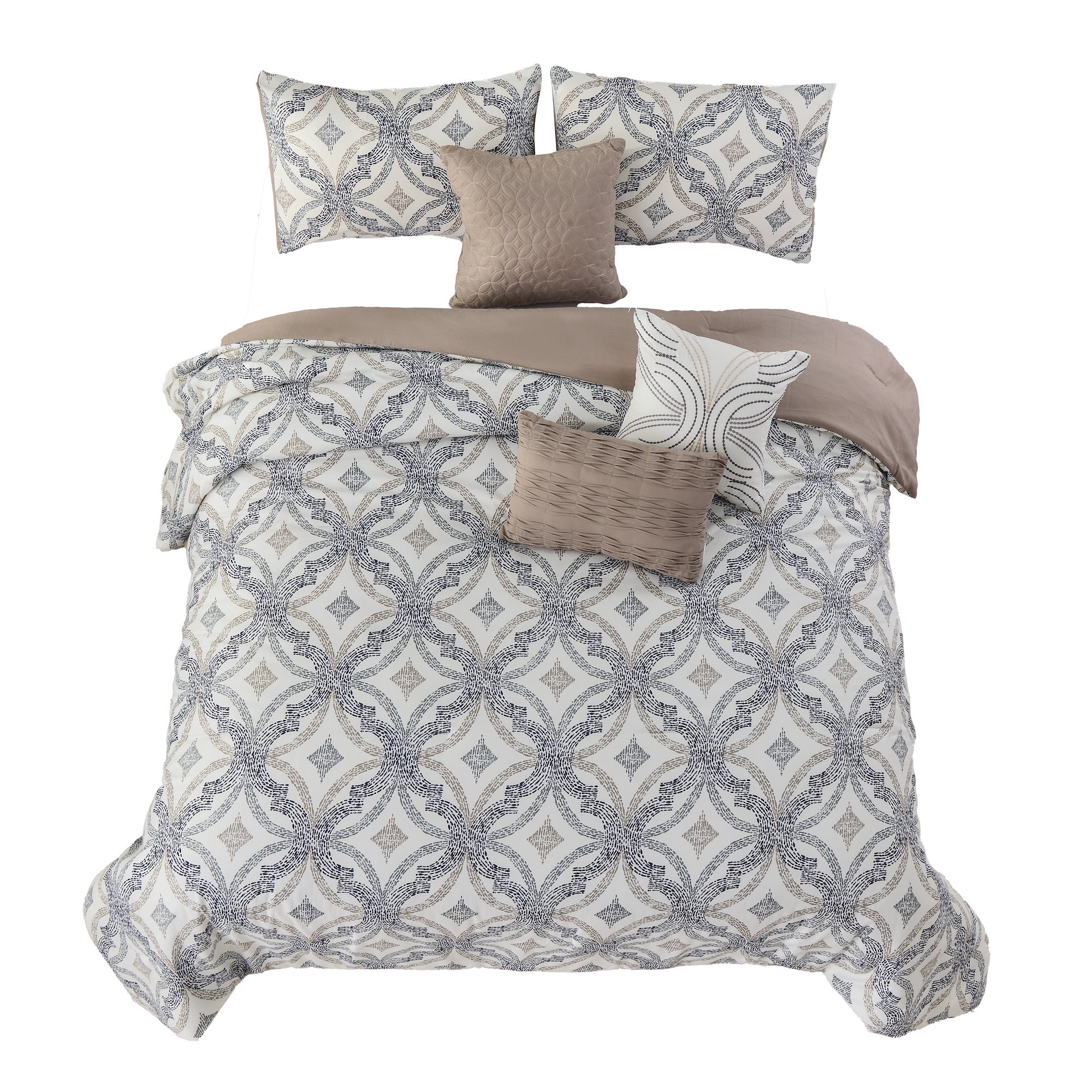 Juego De Edredón Matrimonial/queen 6 Pzas Capri Color Blanco Incluye Fundas De Almohada Y Cojines Linea Marie Claire