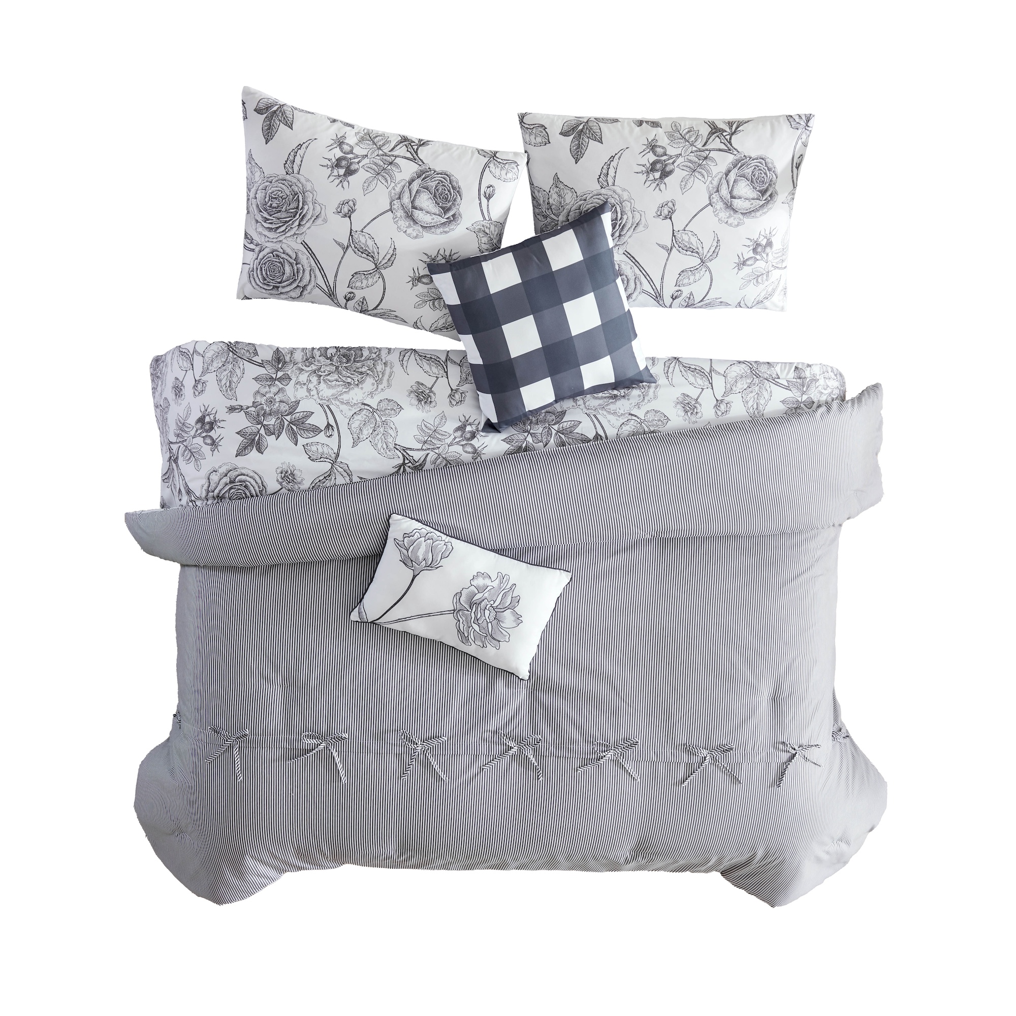 Juego De Edredón Matrimonial/queen 5 Pzas Denim Color Gris Incluye Fundas De Almohada Y Cojines Linea Marie Claire
