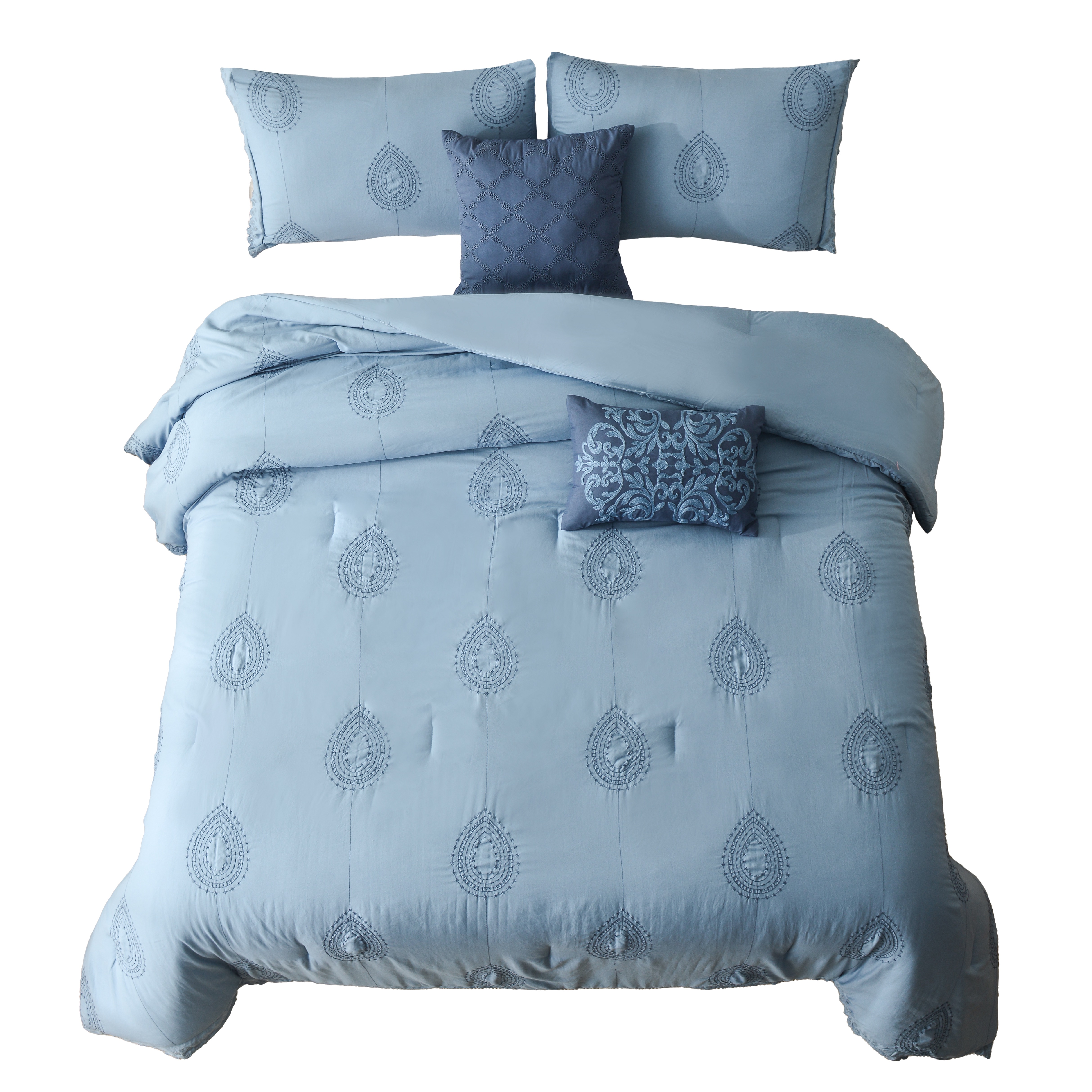 Juego De Edredón Queen/matrimonial 5 Pzas Phoebe Color Azul Fundas De Almohada Y Cojines Linea Marie Claire