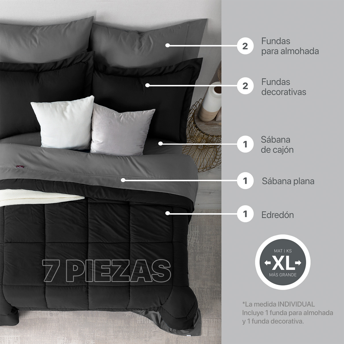 Foto 9 pulgar | Set De Edredón Con Fundas Y Sábanas 7 Pzas Real Textil  Negro - Gris Queen Size