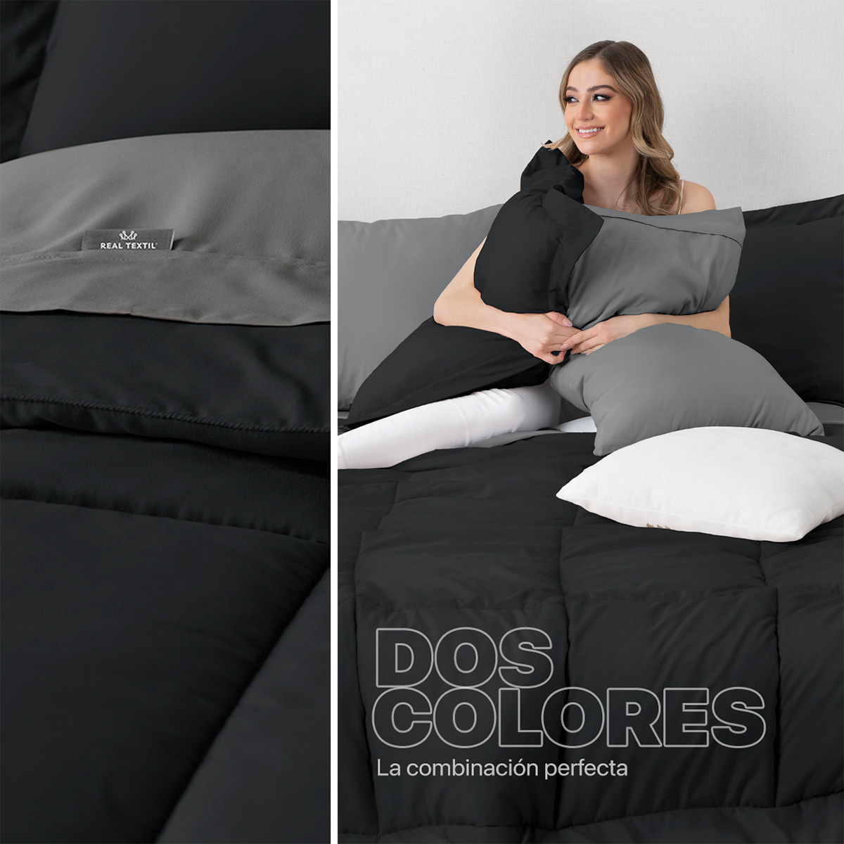 Foto 5 | Set De Edredón Con Fundas Y Sábanas 7 Pzas Real Textil  Negro - Gris King Size