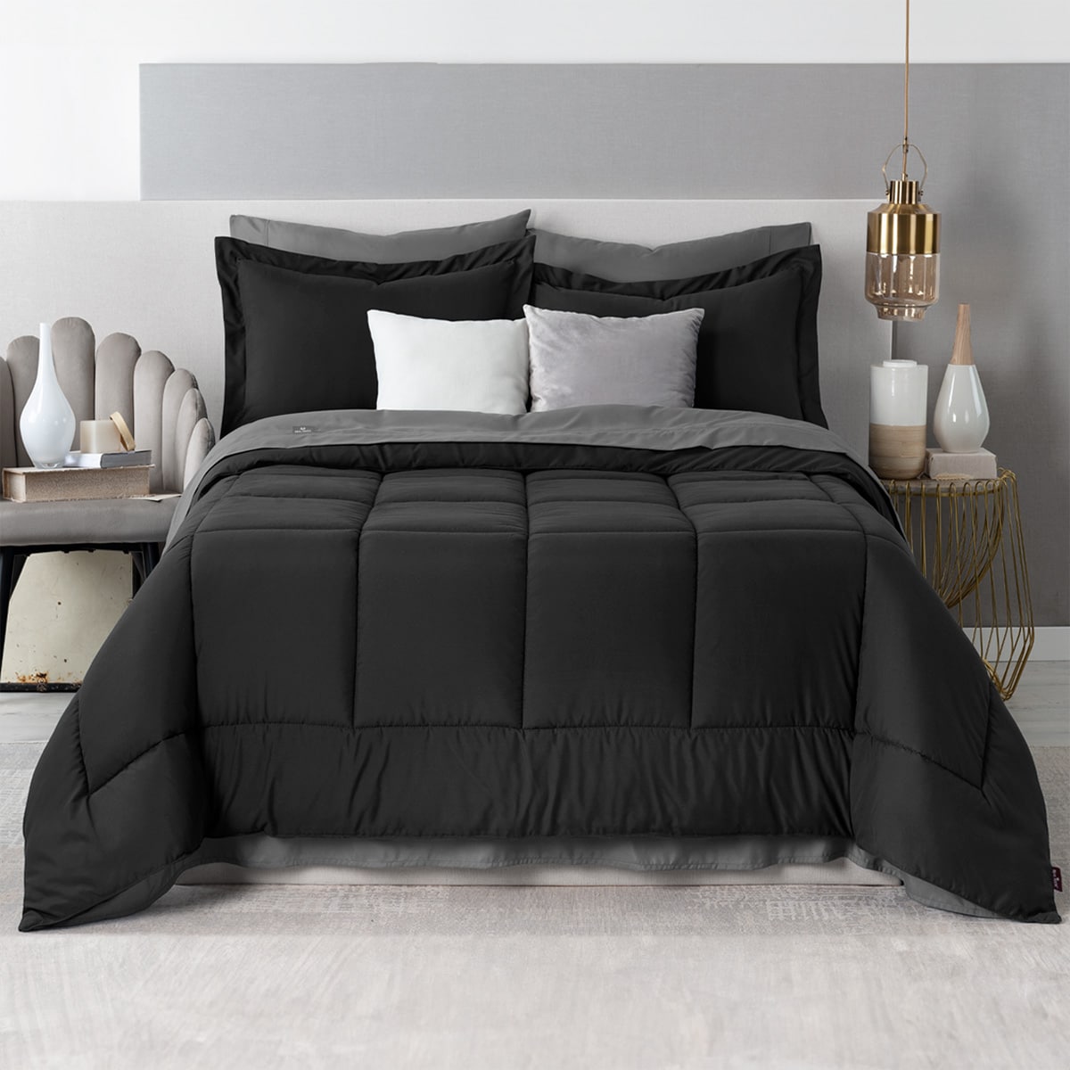 Set De Edredón Con Fundas Y Sábanas 7 Pzas Real Textil  Negro - Gris Matrimonial $1,449