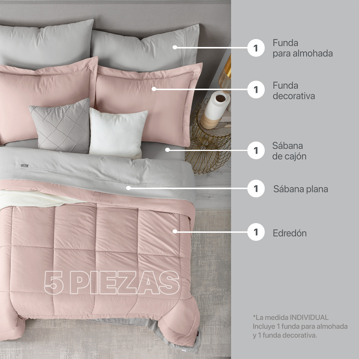 Foto 4 pulgar | Set de Edredón con Fundas Y Sábanas 5 Piezas Real Textil  Rosa - Gris Individual