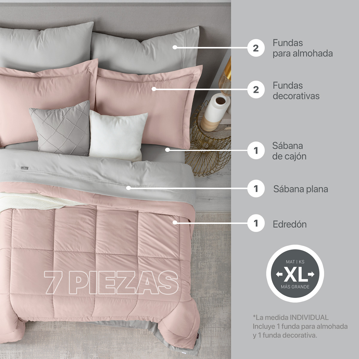 Foto 3 | Set de Edredón con Fundas Y Sábanas Real Textil Rosa - Gris Matrimonial  7 Piezas