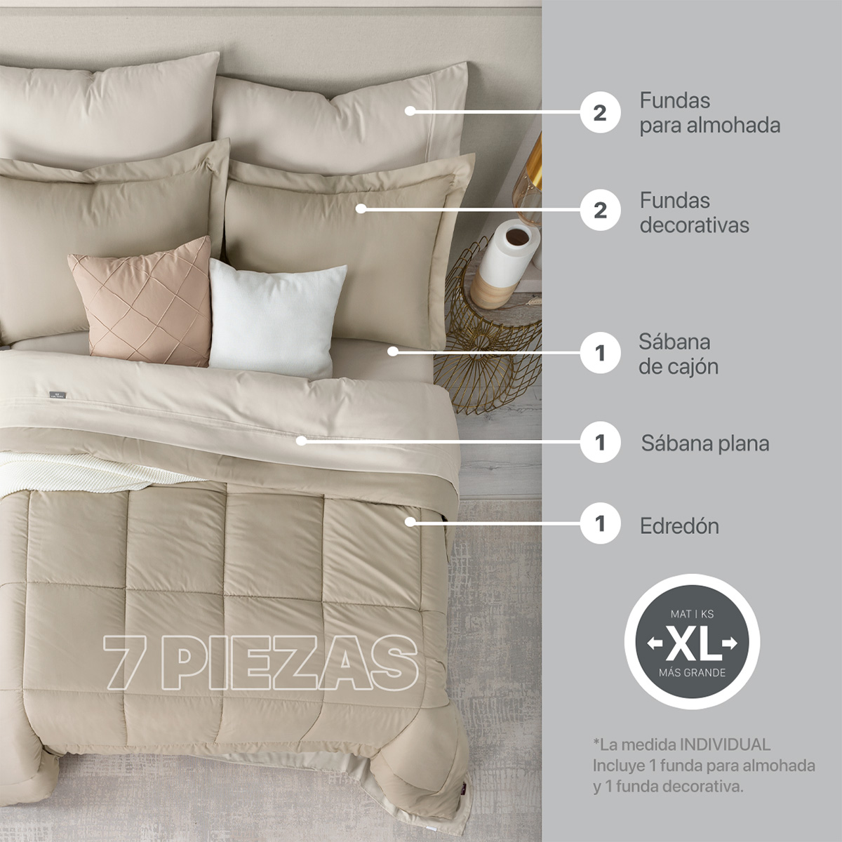 Foto 4 pulgar | Set de Edredón con Fundas y Sábanas Real Textil Caqui con Beige Matrimonial 7 Piezas