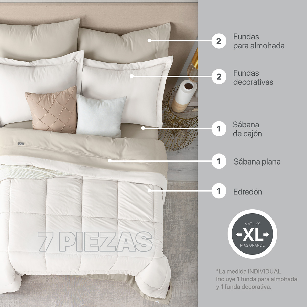 Foto 3 | Set de Edredón con Fundas y Sábanas Real Textil Blanco con Beige King Size 7 Piezas